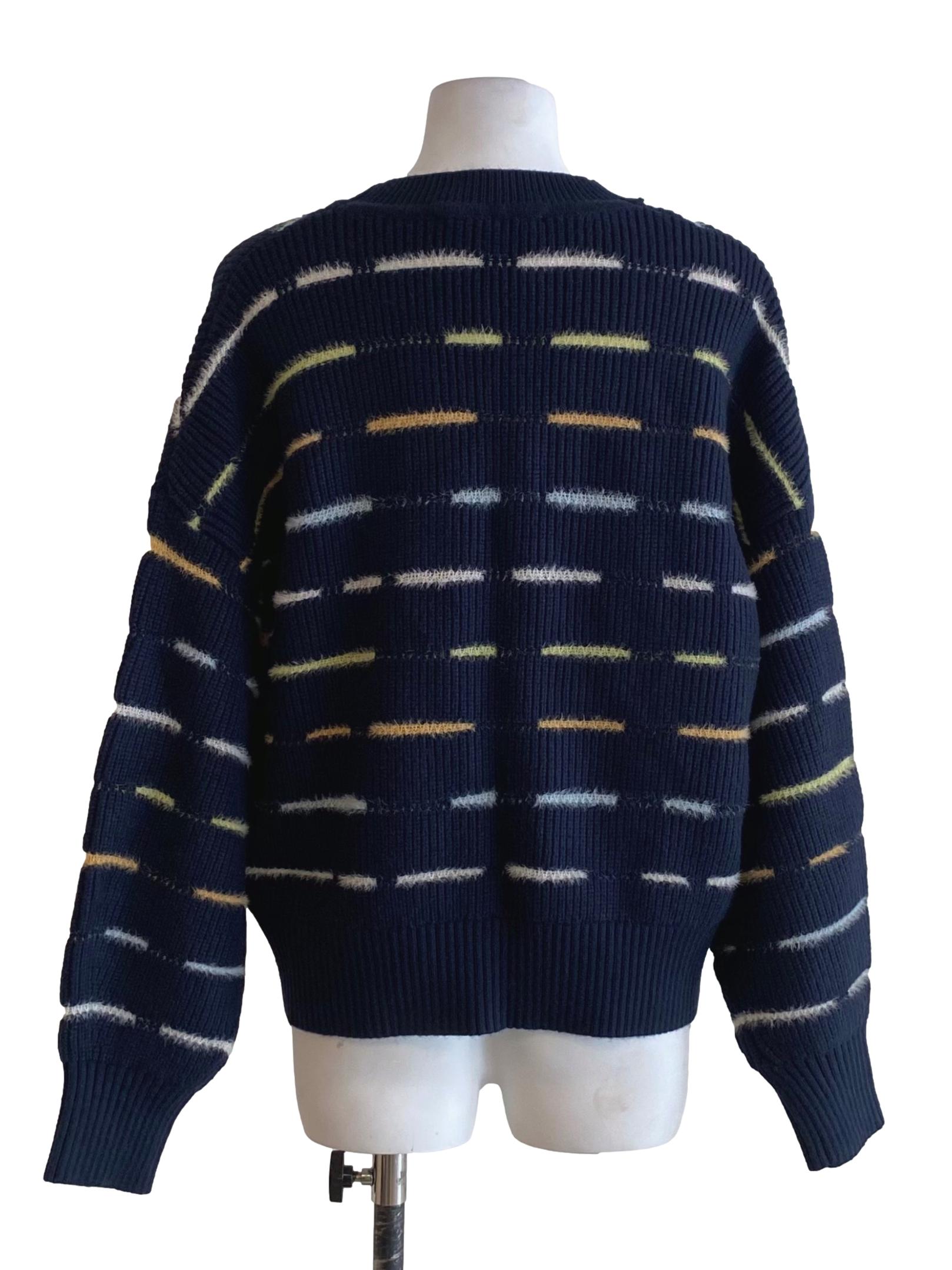 Midnight Blue Multicolor Stripes V-Neck Knitted Cardigan