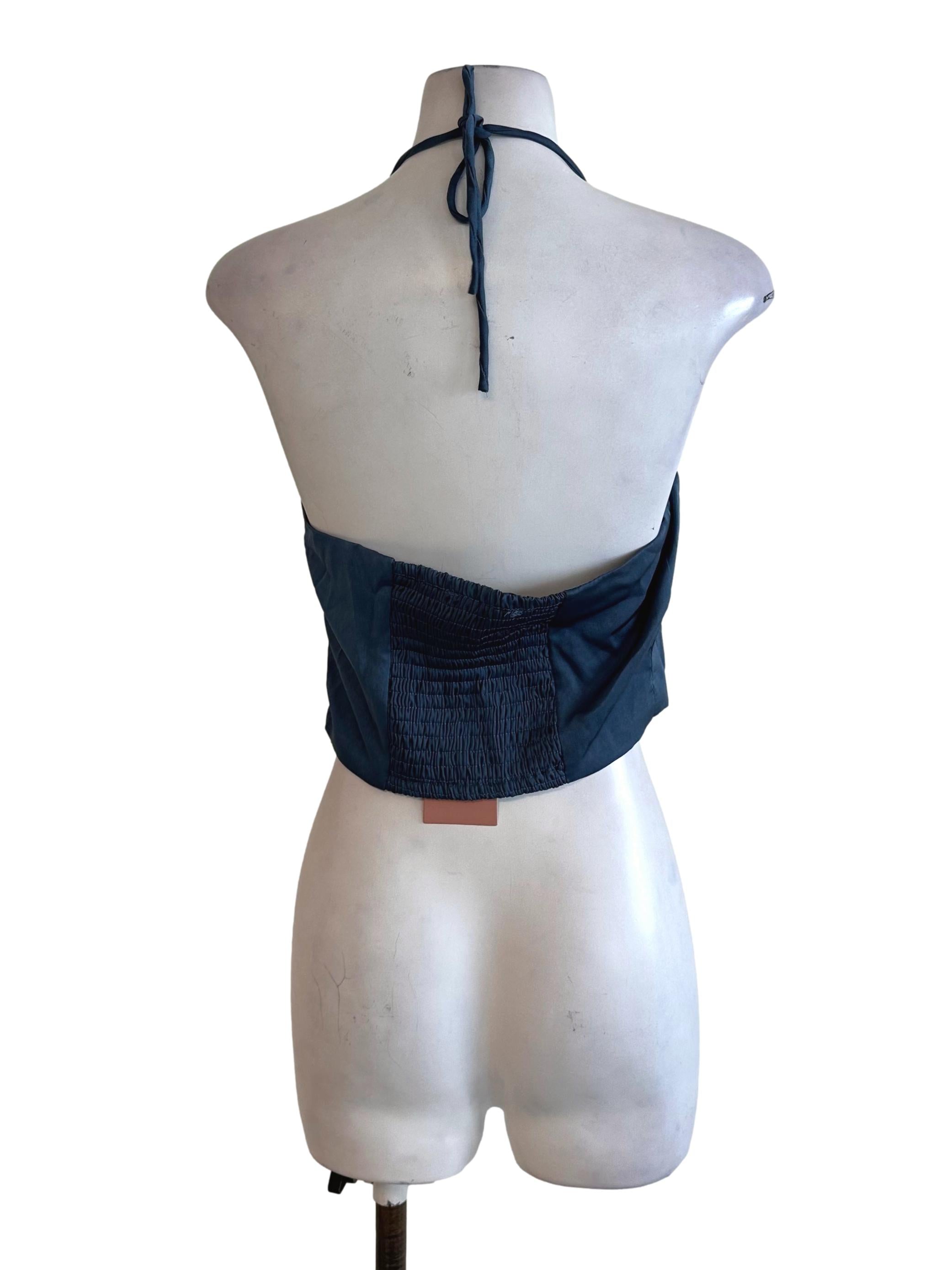 Dusty Blue Ruched Halter Backless Top