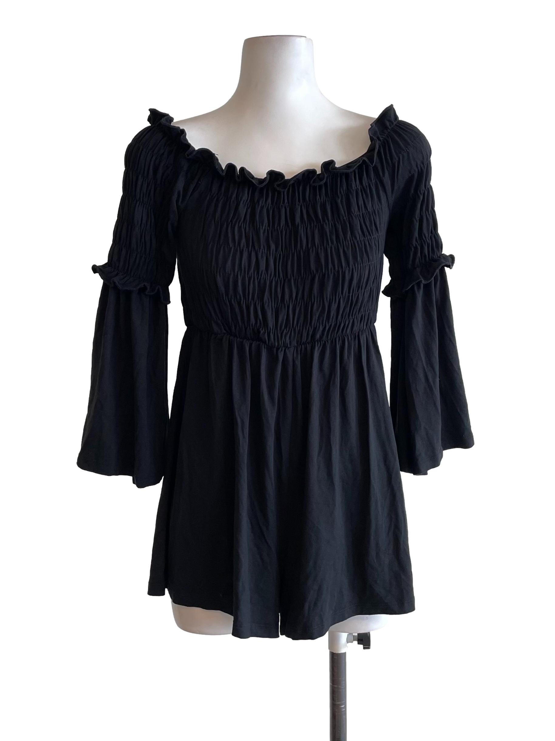 Black Shirred Bell Sleeves Romper