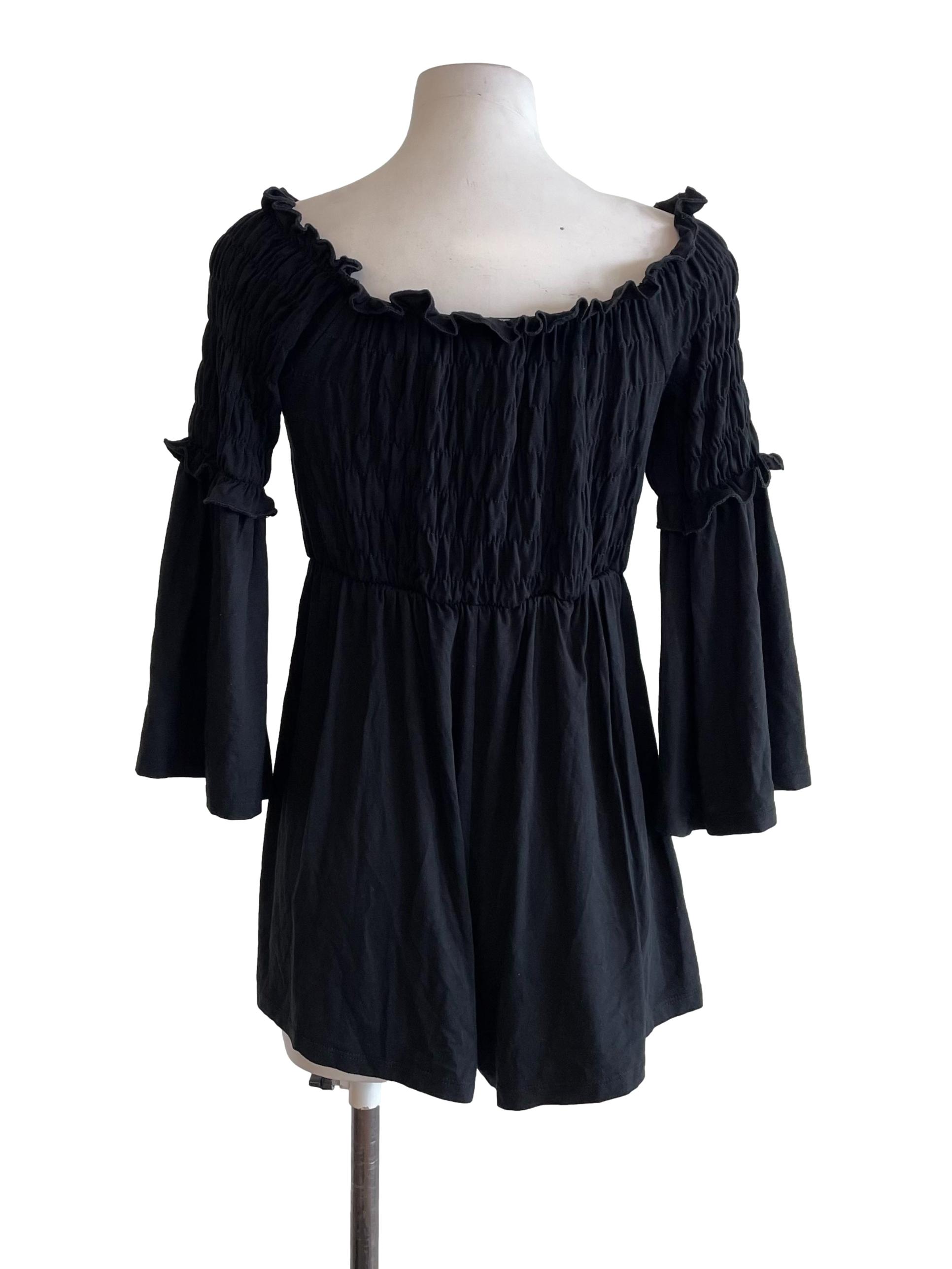 Black Shirred Bell Sleeves Romper