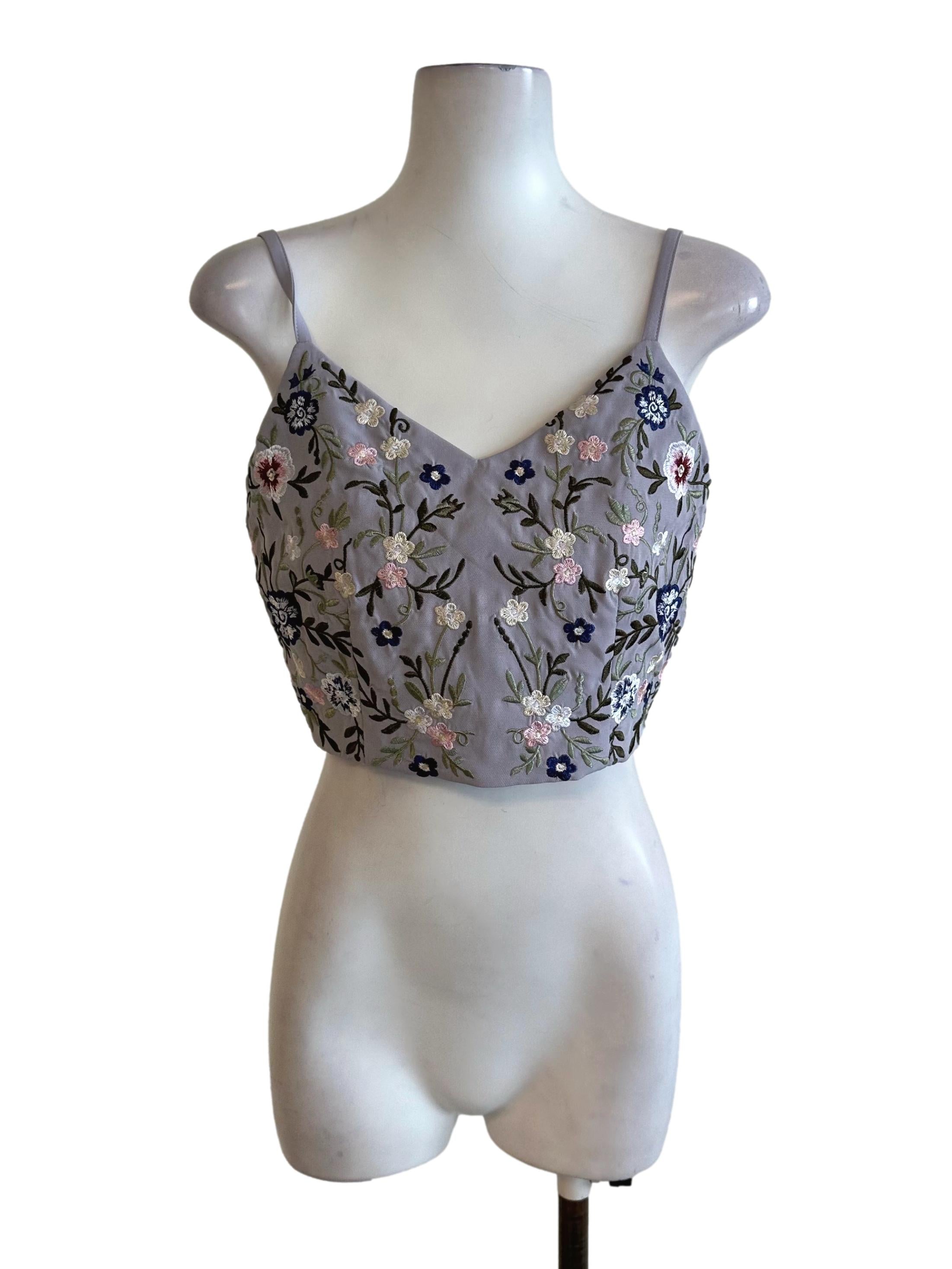 Cloud Grey Floral Embroidery V Neck Top TCL