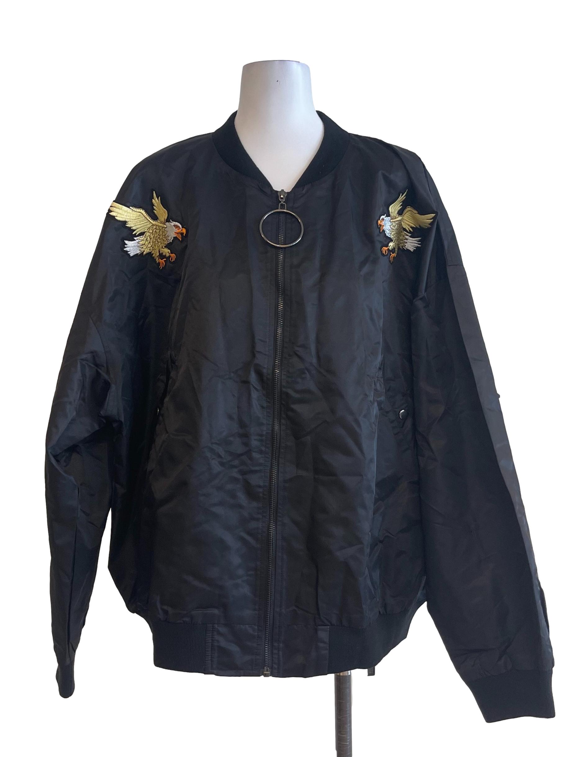 Black Embroidered Eagle Bomber Jacket