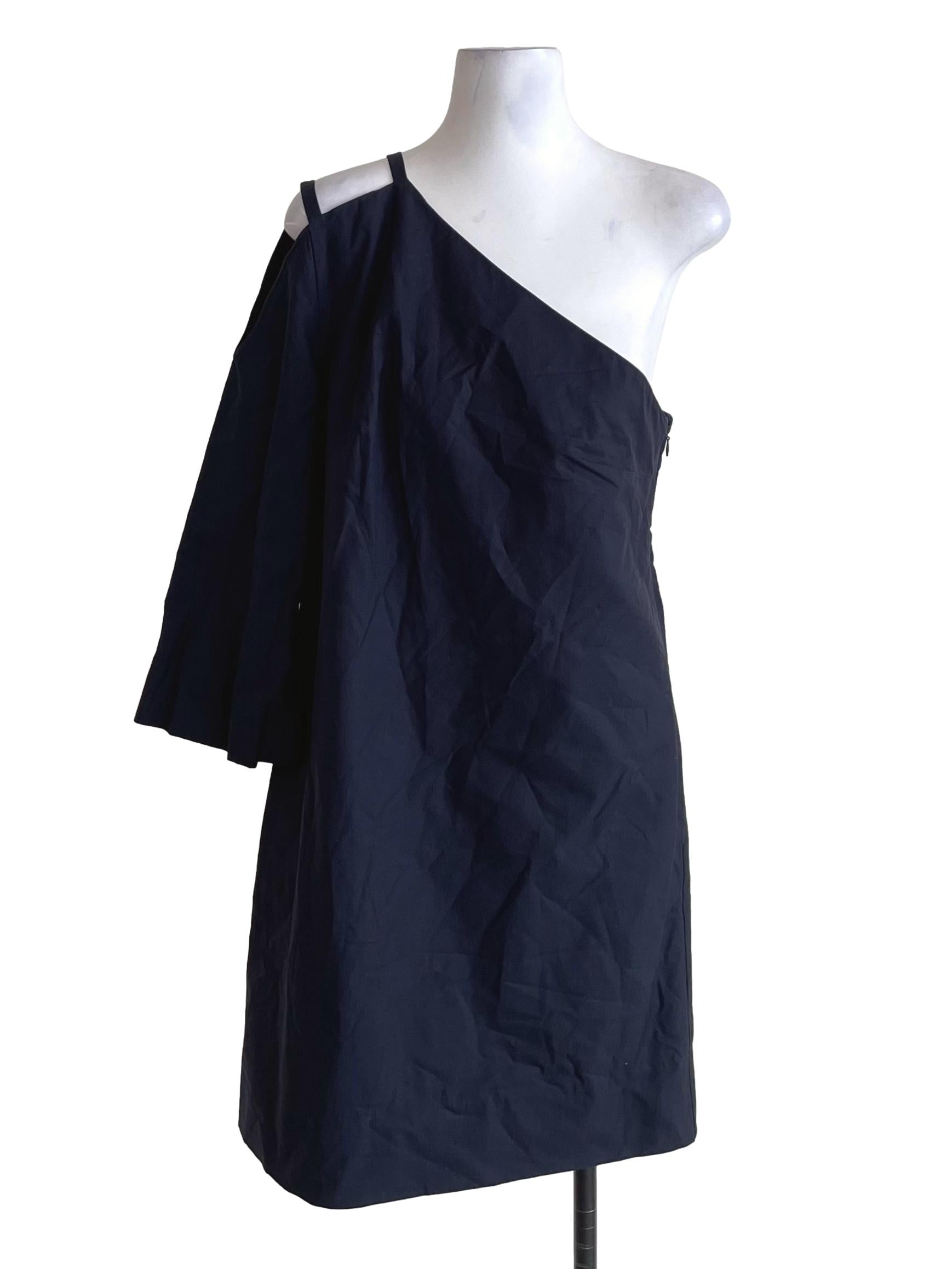 Navy Blue Asymmetric Slit Shoulder A-Line Dress