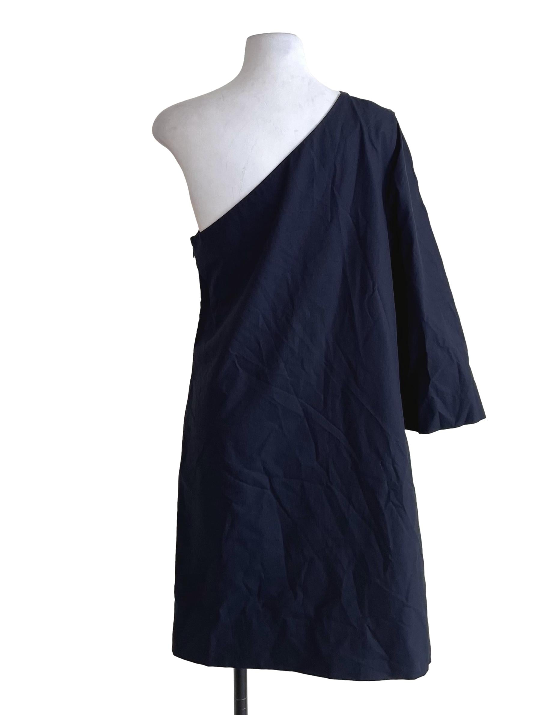 Navy Blue Asymmetric Slit Shoulder A-Line Dress