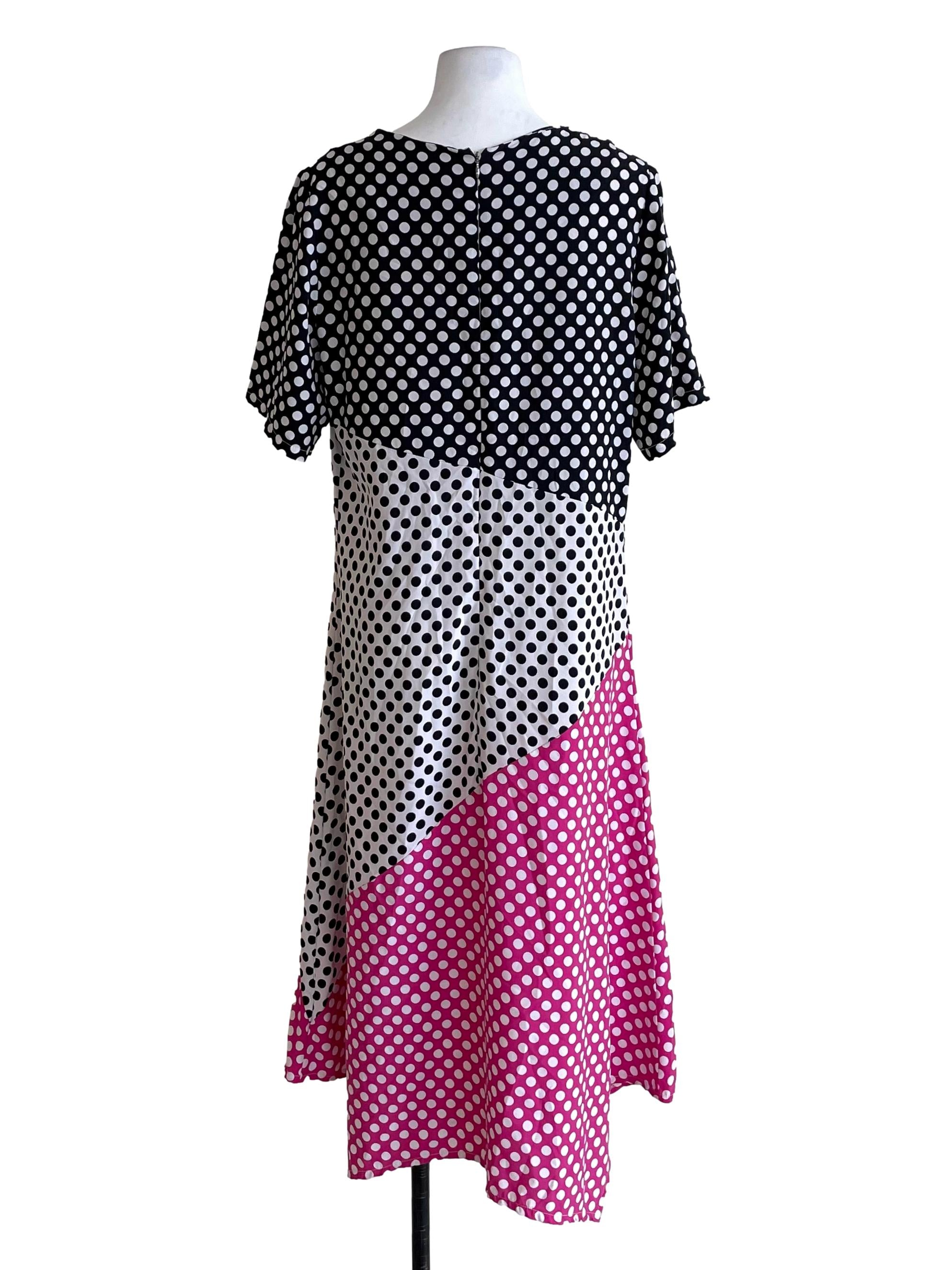 Black & White Fuschia Contrast Polka Dots Tee Dress
