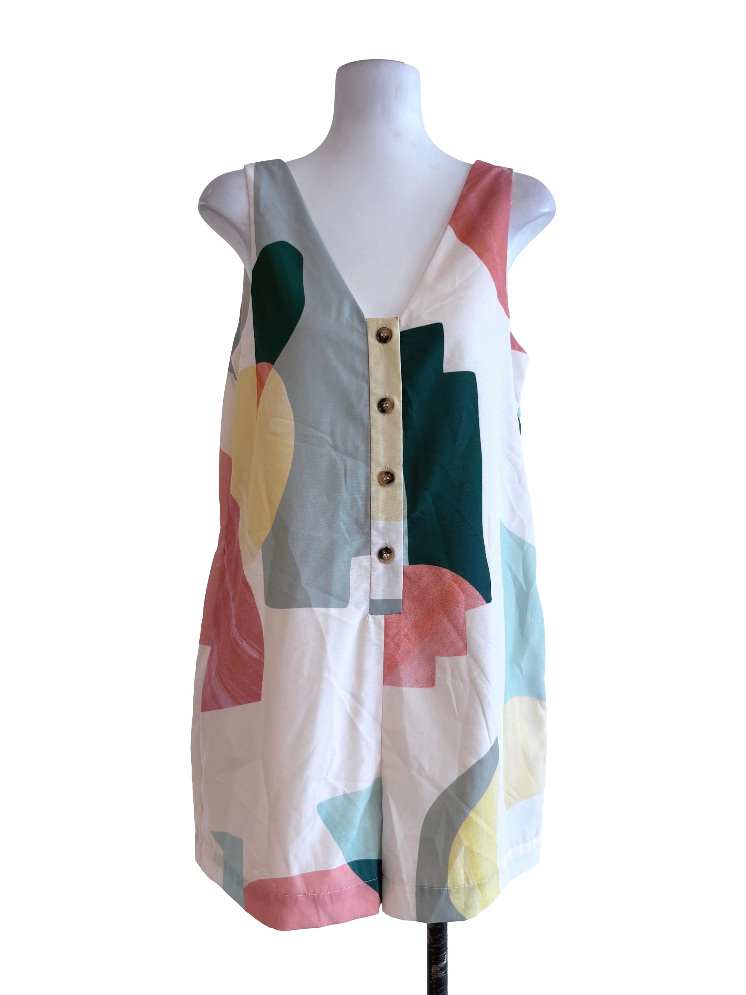 White-Green Abstract Sleeveless Rompers LB