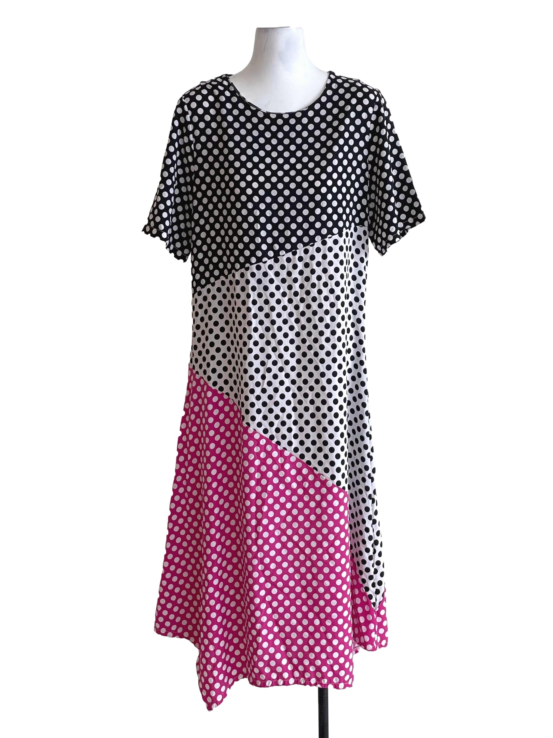Black & White Fuschia Contrast Polka Dots Tee Dress