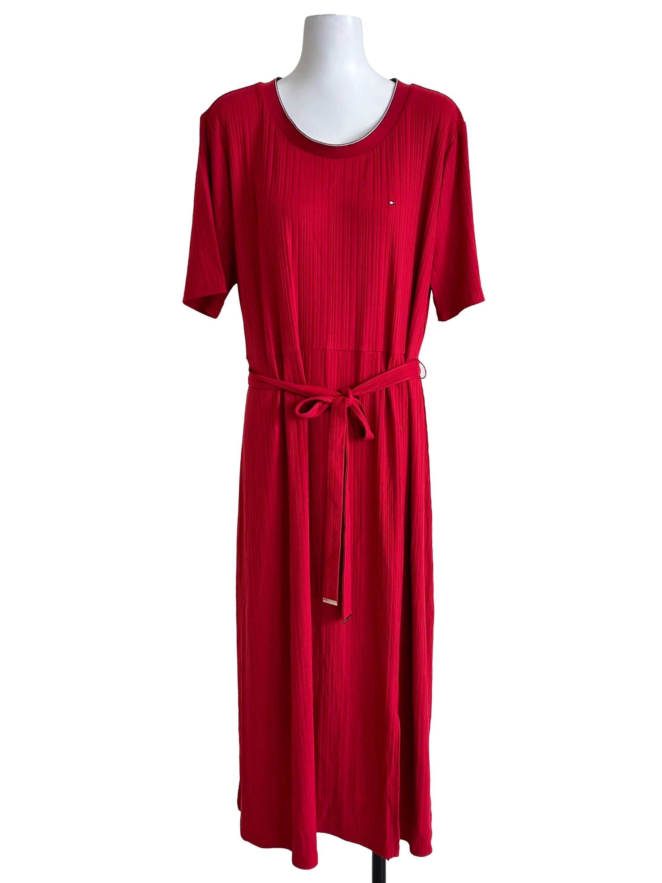 Ribbed Red Belted Maxi Dress