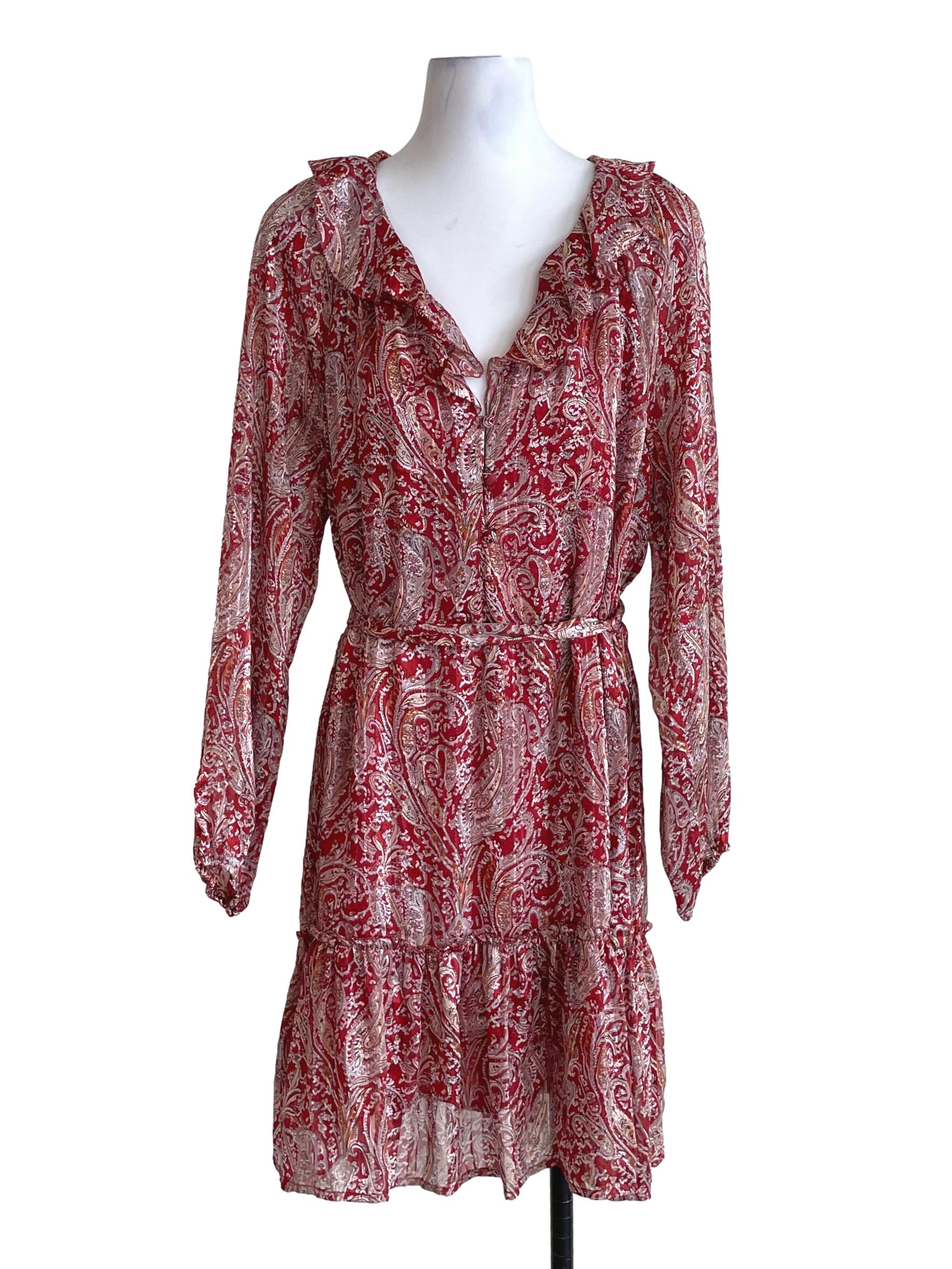 Red Paisley Ruffled Chiffon Dress