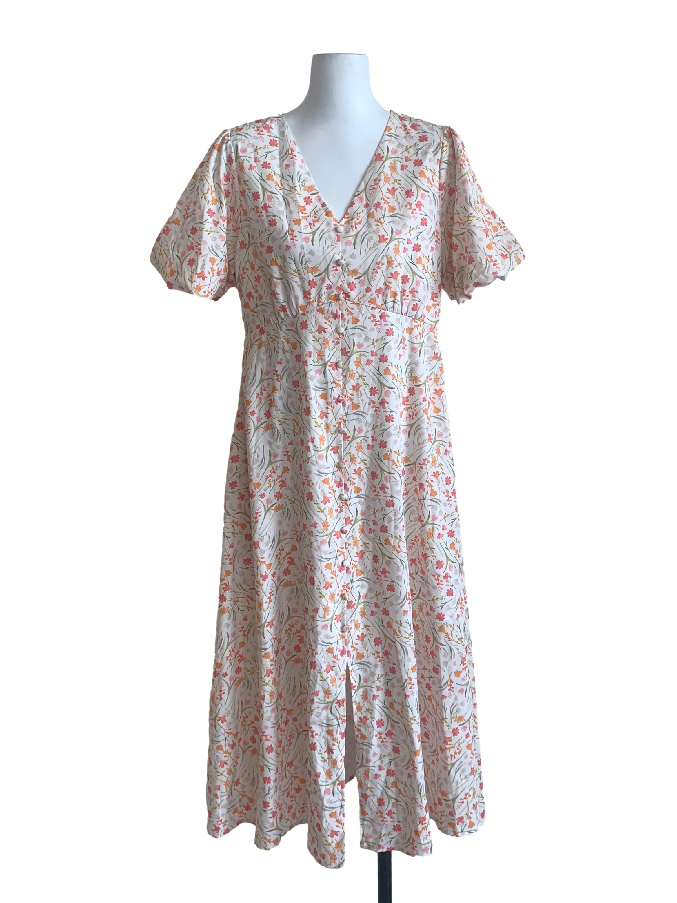 White Floral Pattern Empire Dress