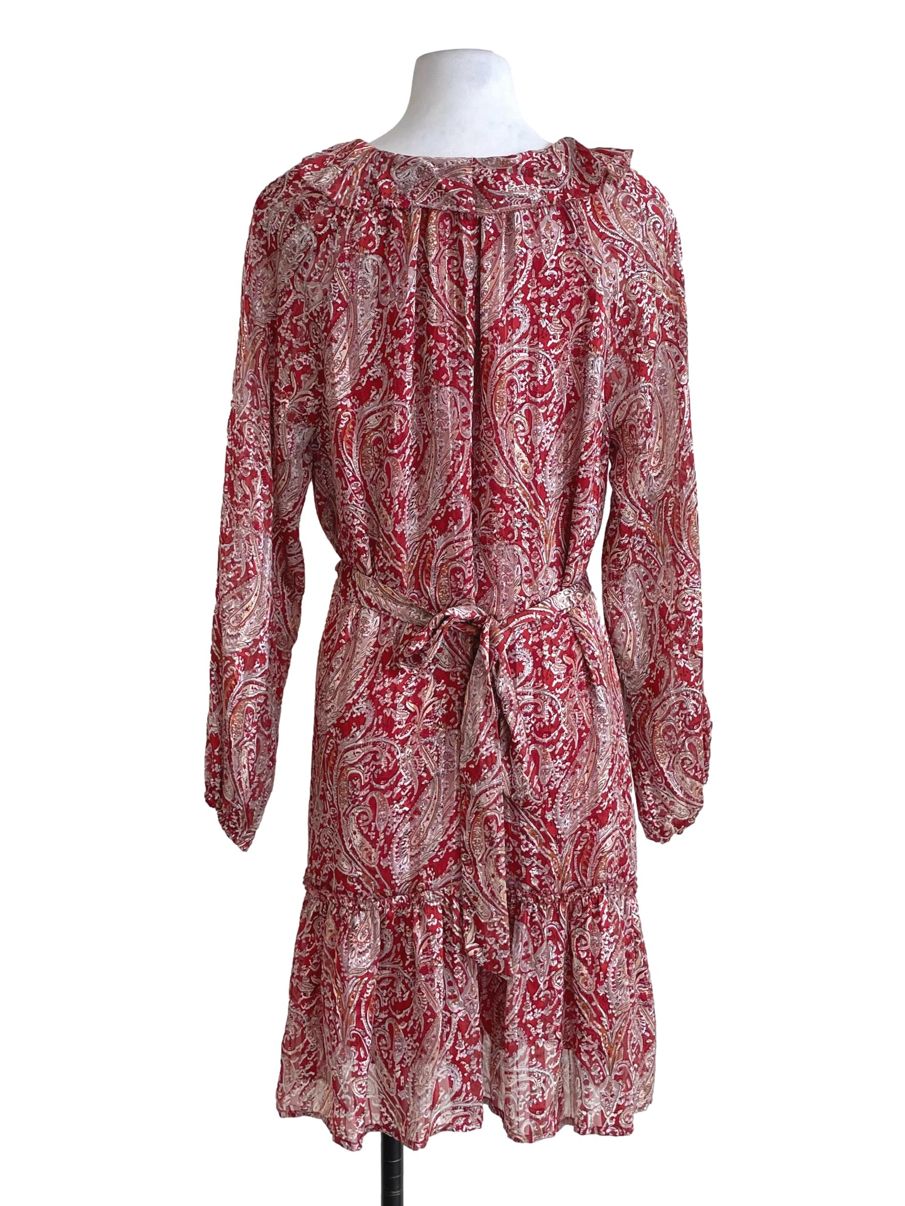 Red Paisley Ruffled Chiffon Dress