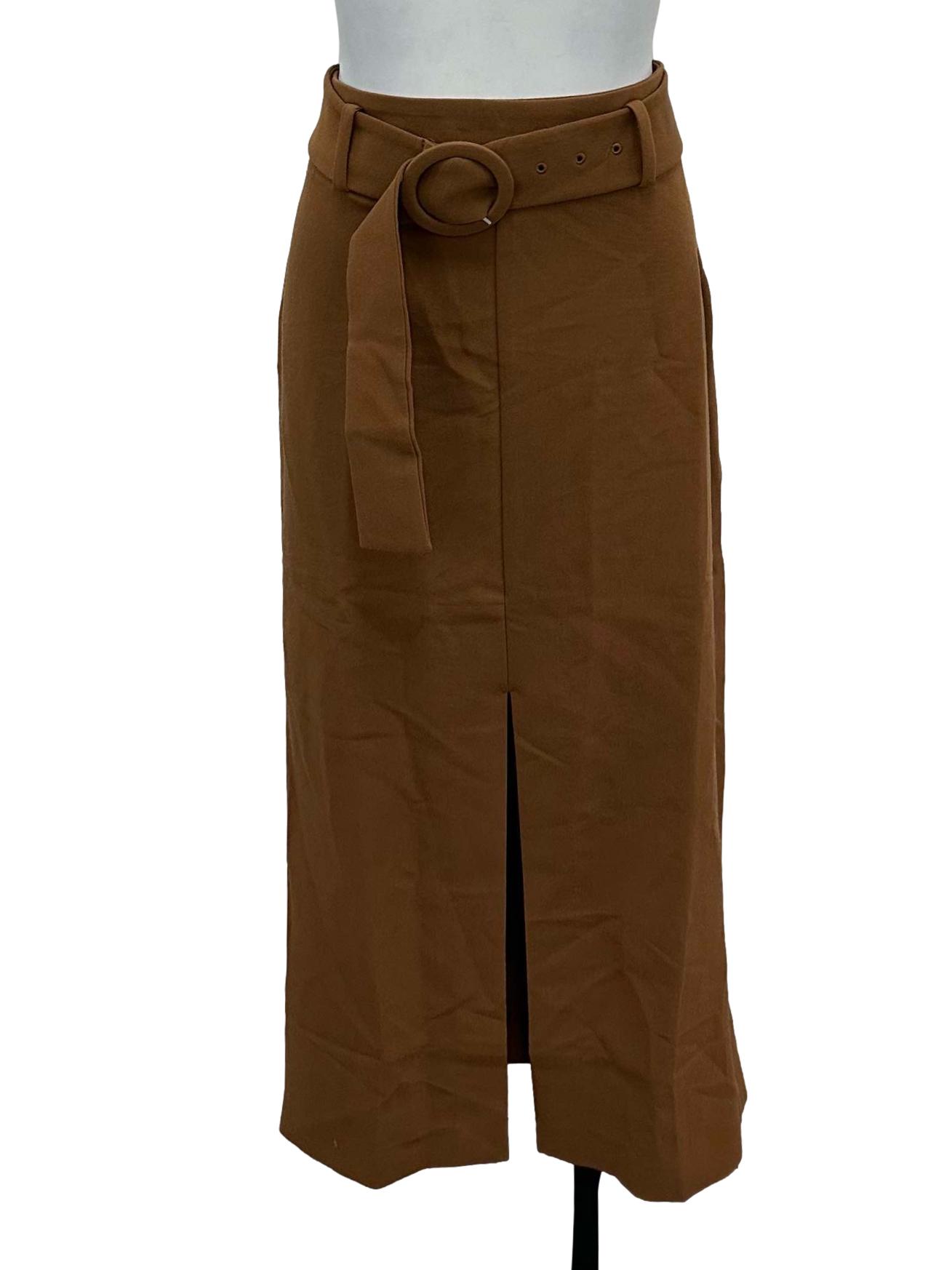 Brown Belted Slit Skirt