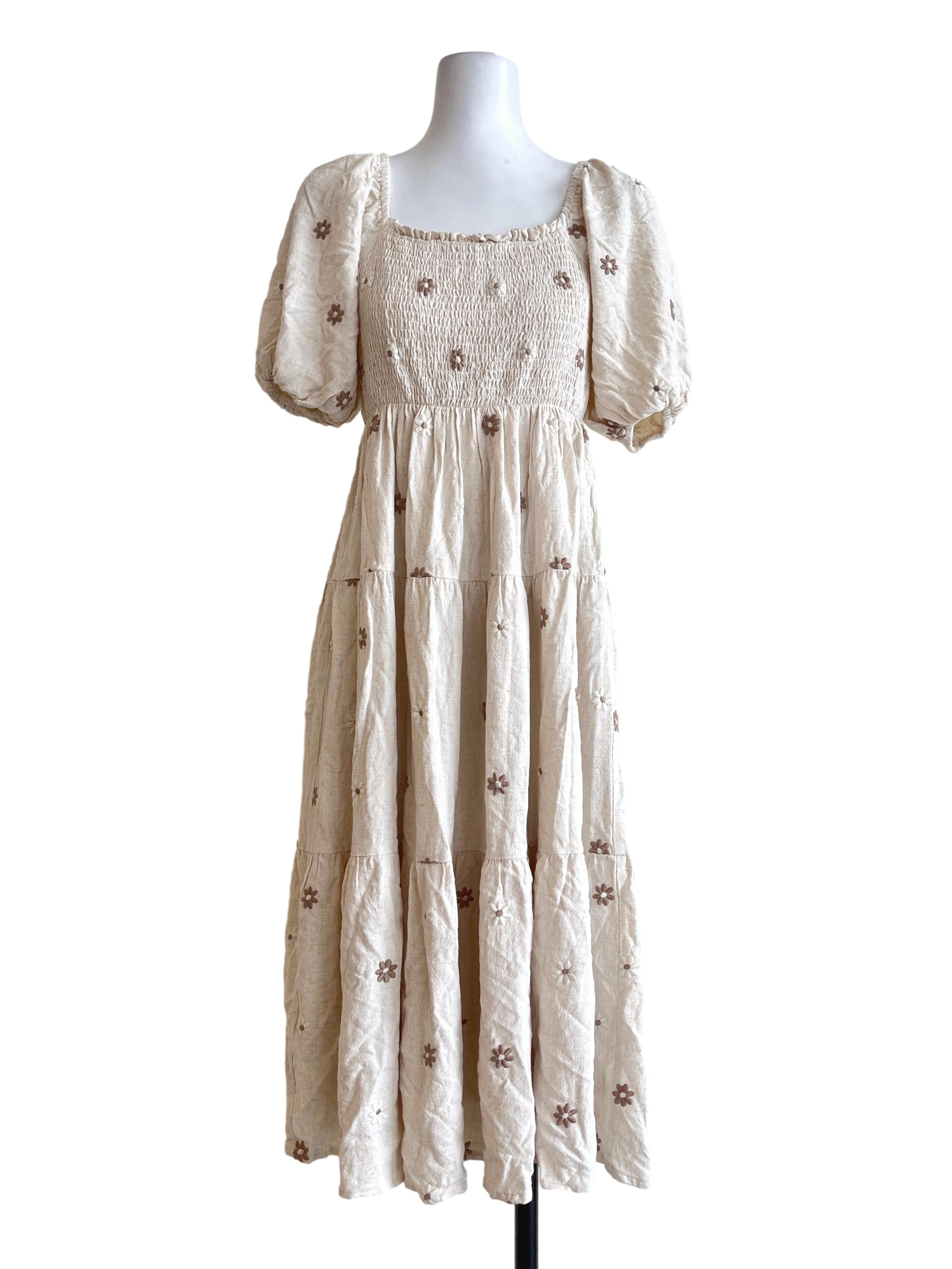 Champagne Brown Puff Sleeve Empire Dress