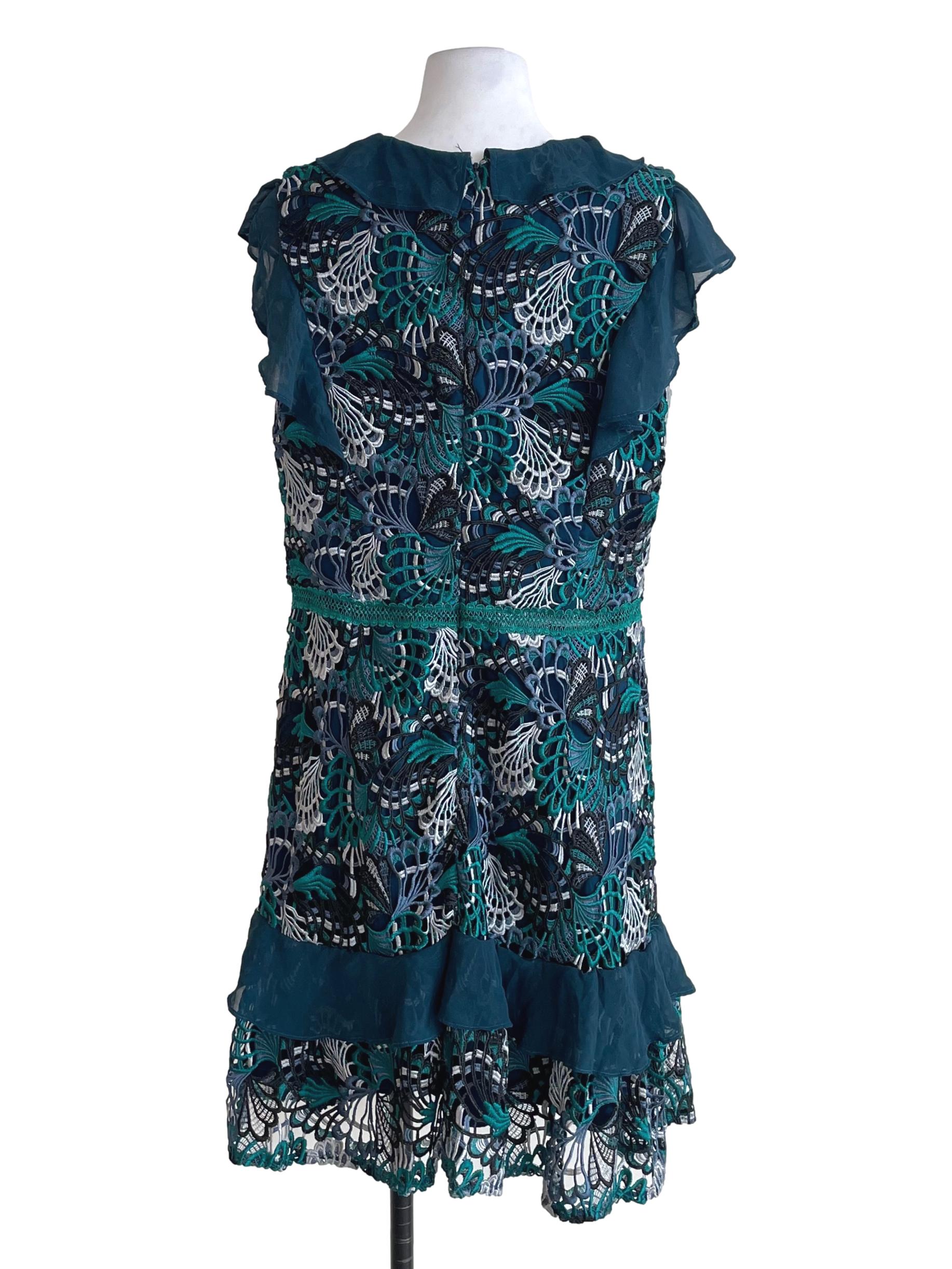 Peacock Blue Embroidery Ruffled Dress