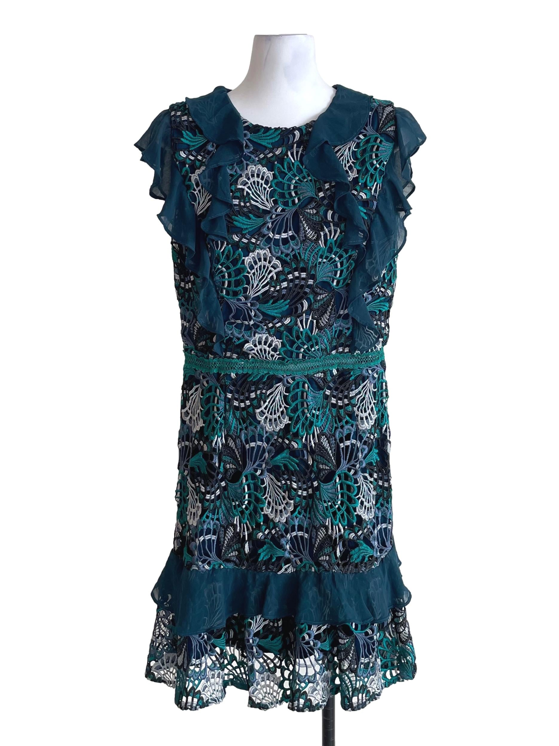 Peacock Blue Embroidery Ruffled Dress