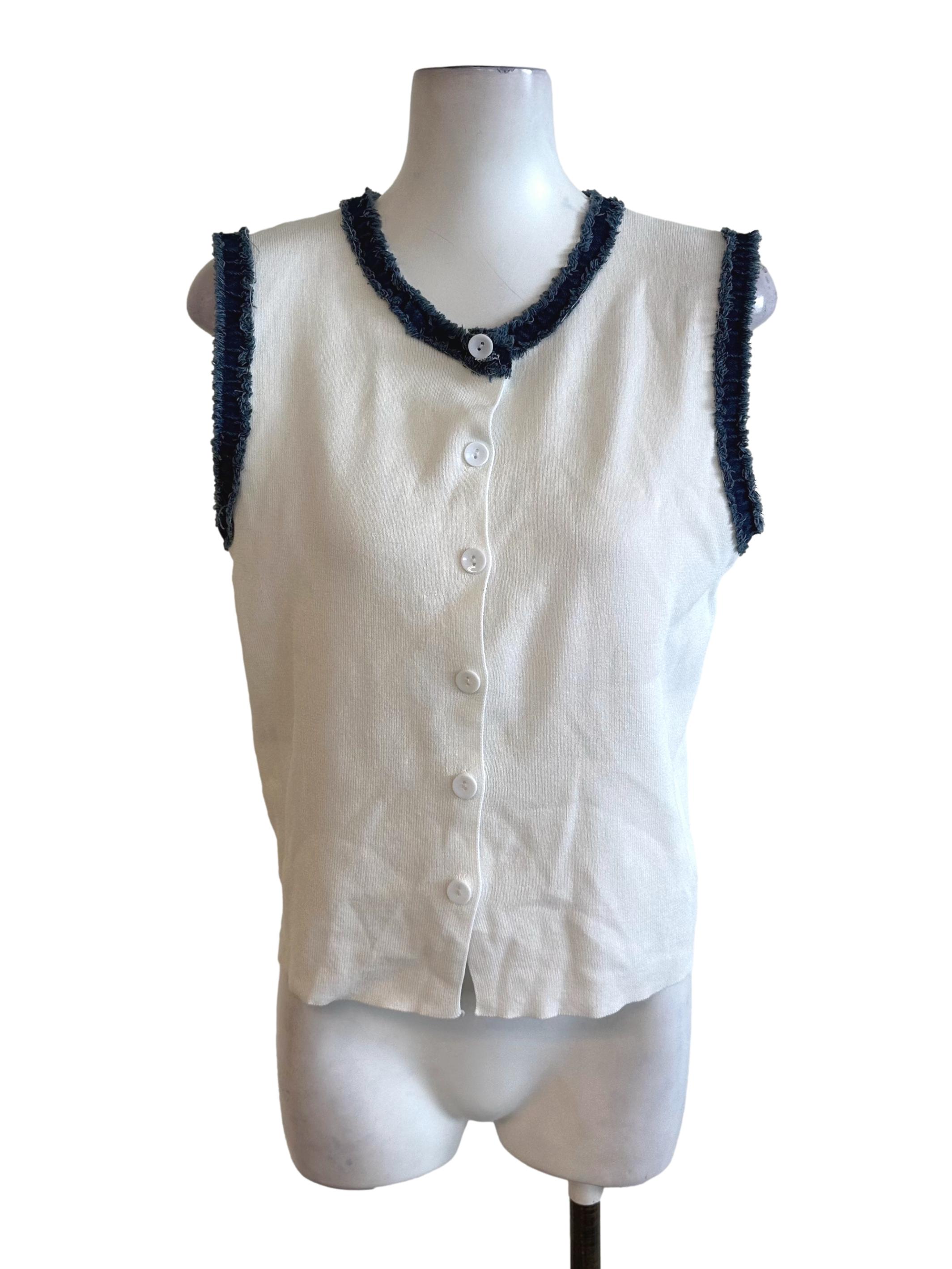 Off White Denim Border Knit Button Top