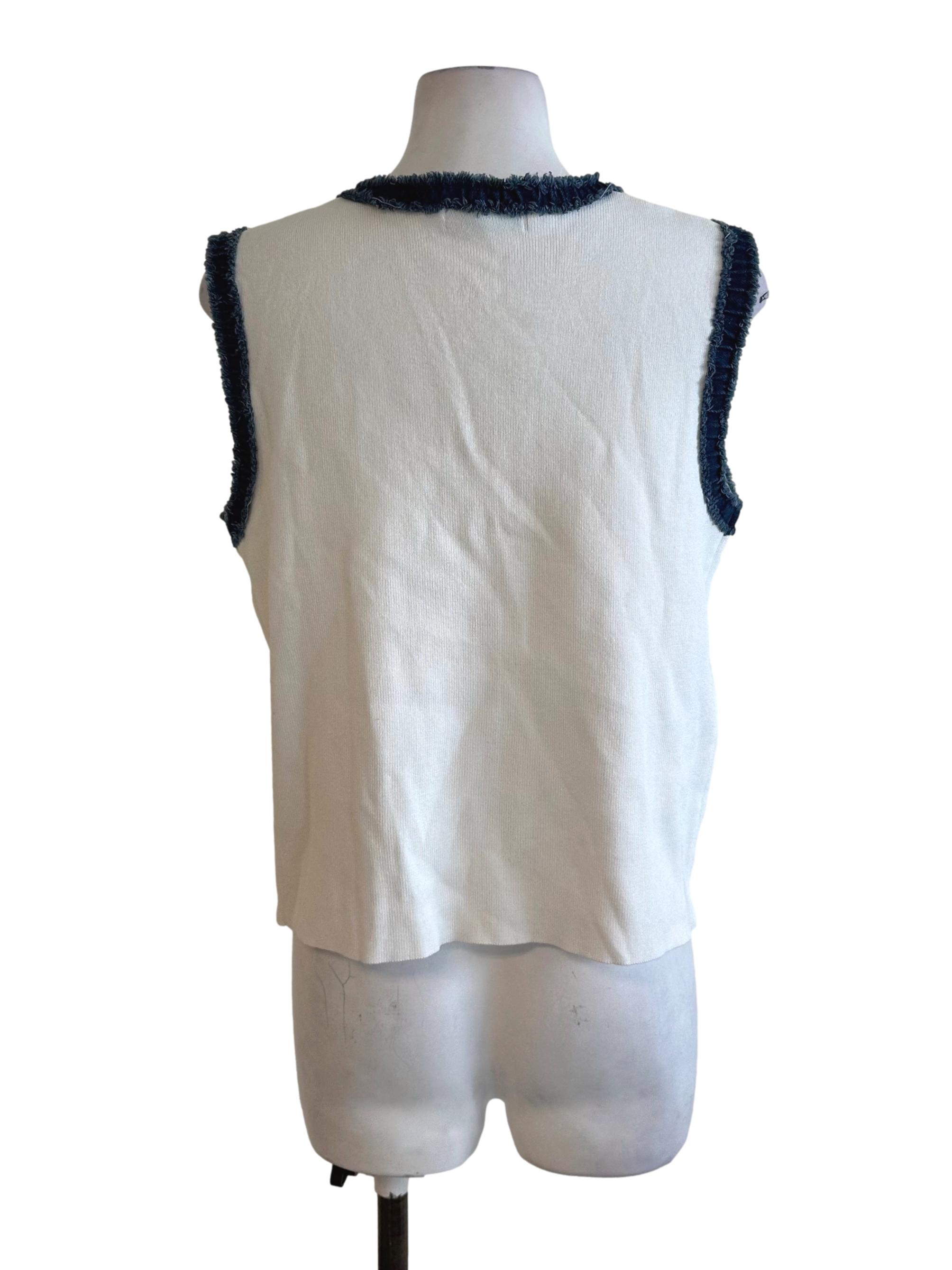 Off White Denim Border Knit Button Top