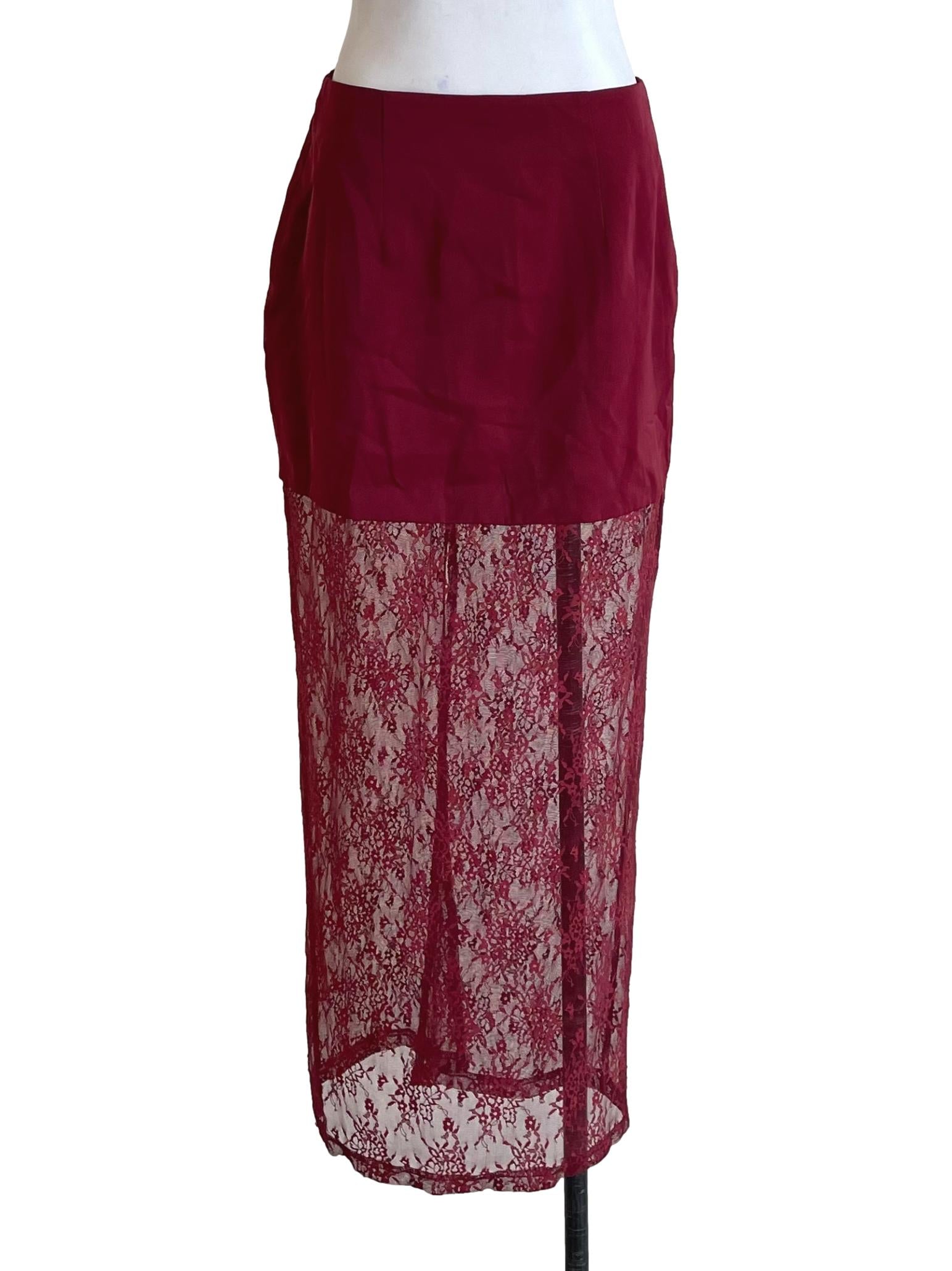 Berry Red Lace Hem Pencil Skirt