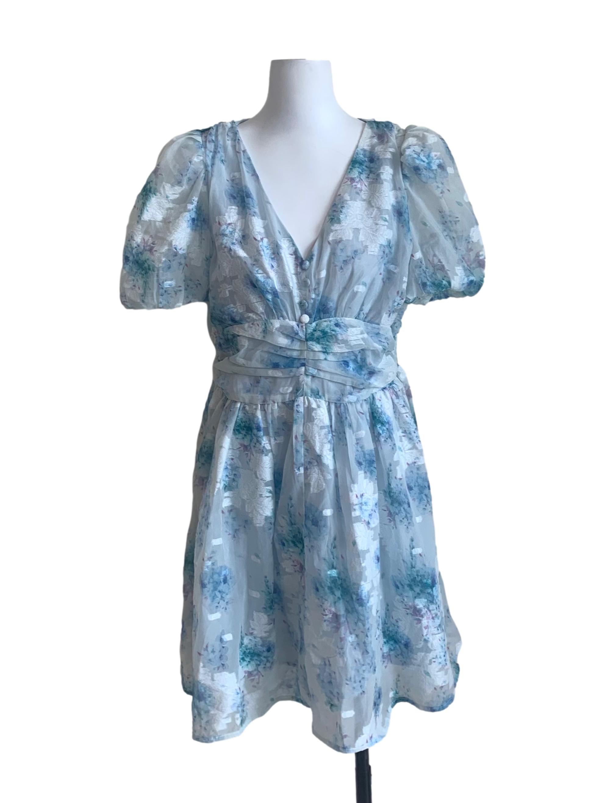 Light Blue Floral Pattern Peasant Dress