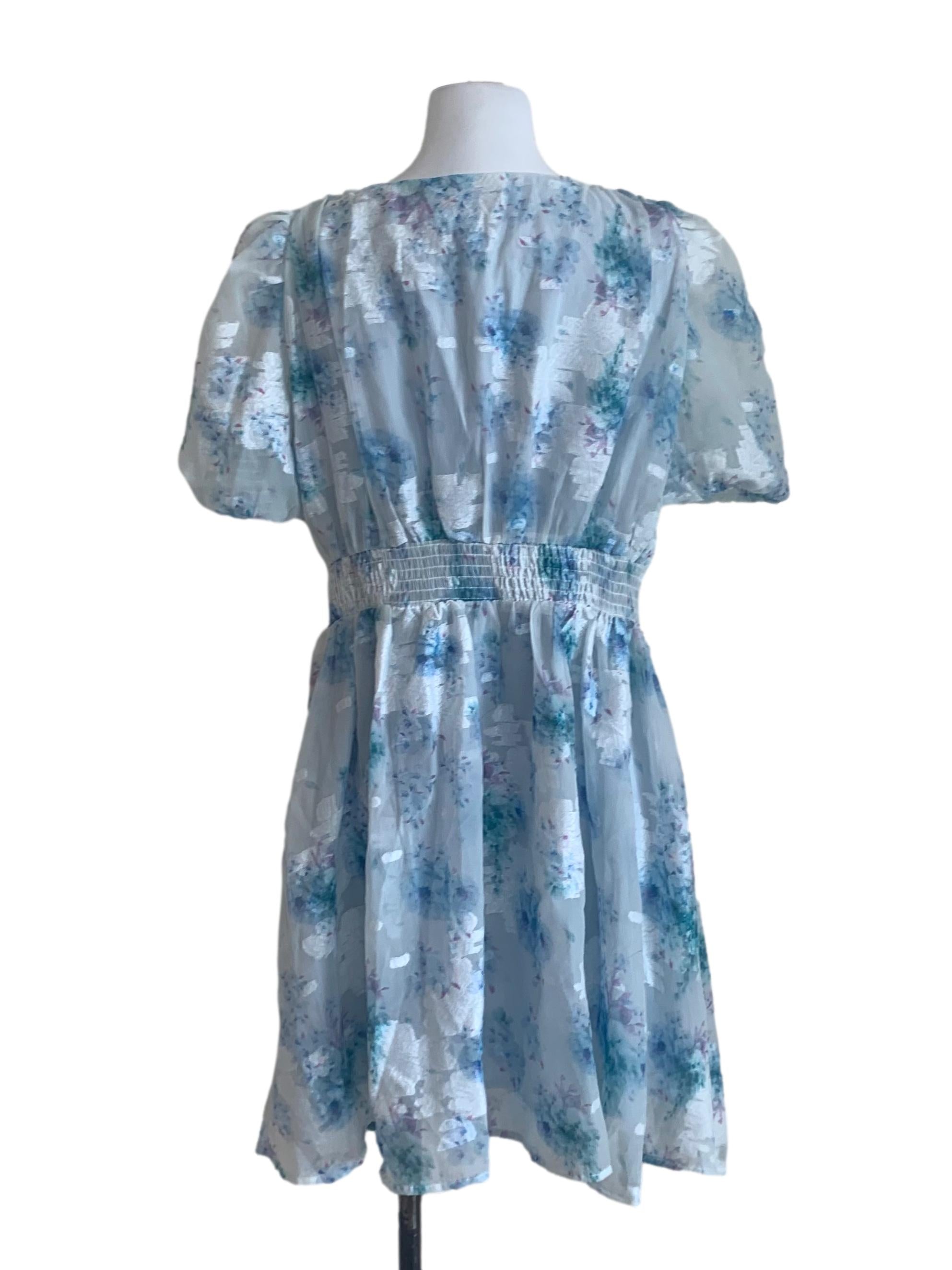 Light Blue Floral Pattern Peasant Dress