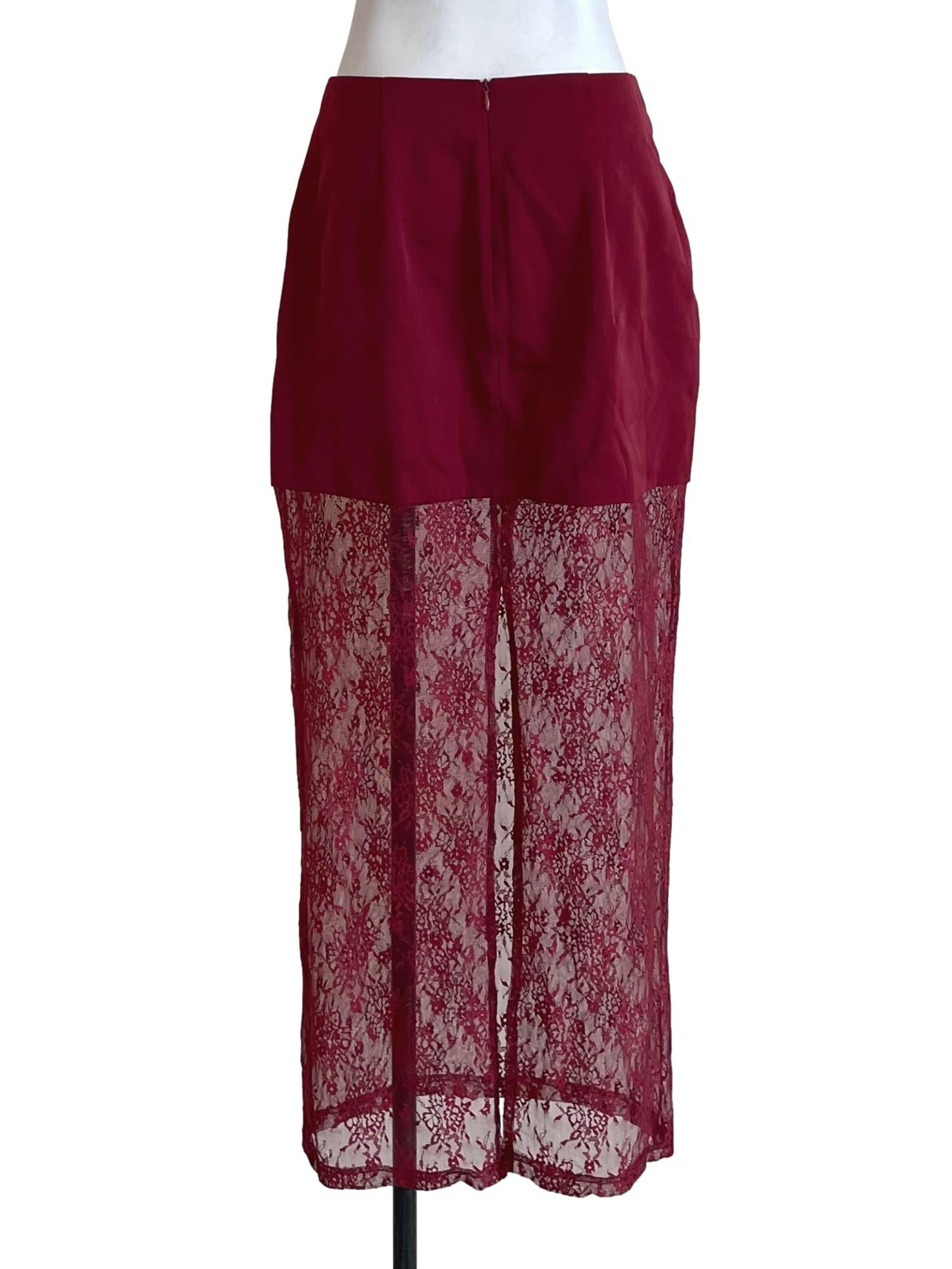 Berry Red Lace Hem Pencil Skirt