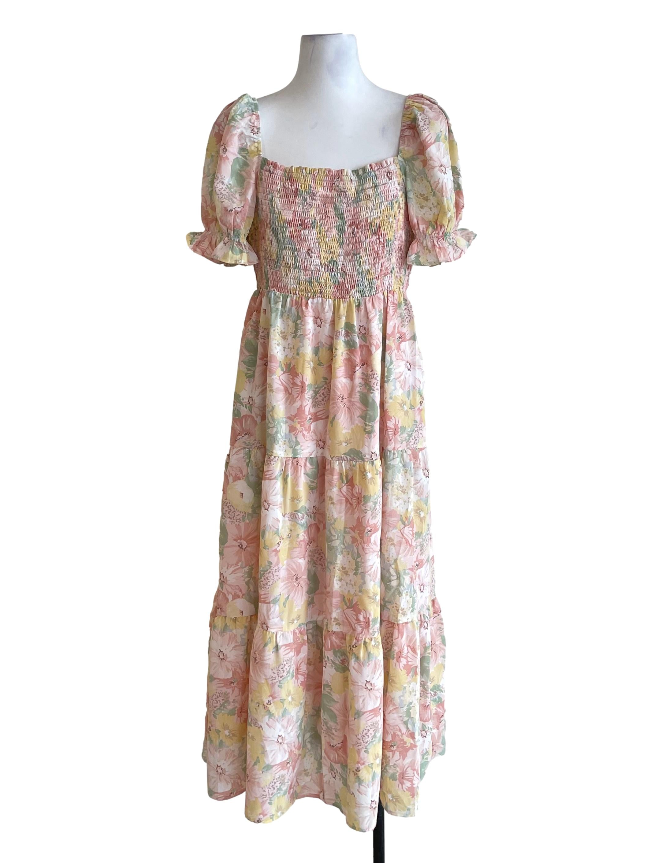 Pastel Pink & Yellow Floral Shirred Dress