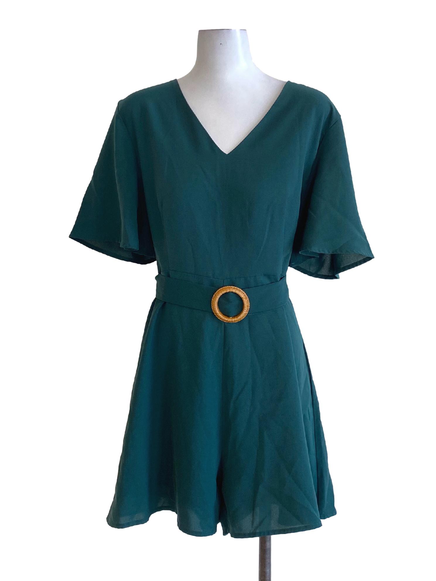 Dark Ocean Blue V-Neck Buckle Shirt Romper