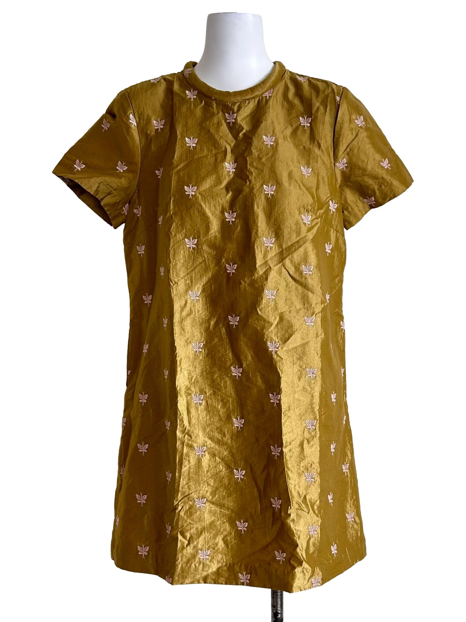 Embroidered Gold Shift Mini Dress