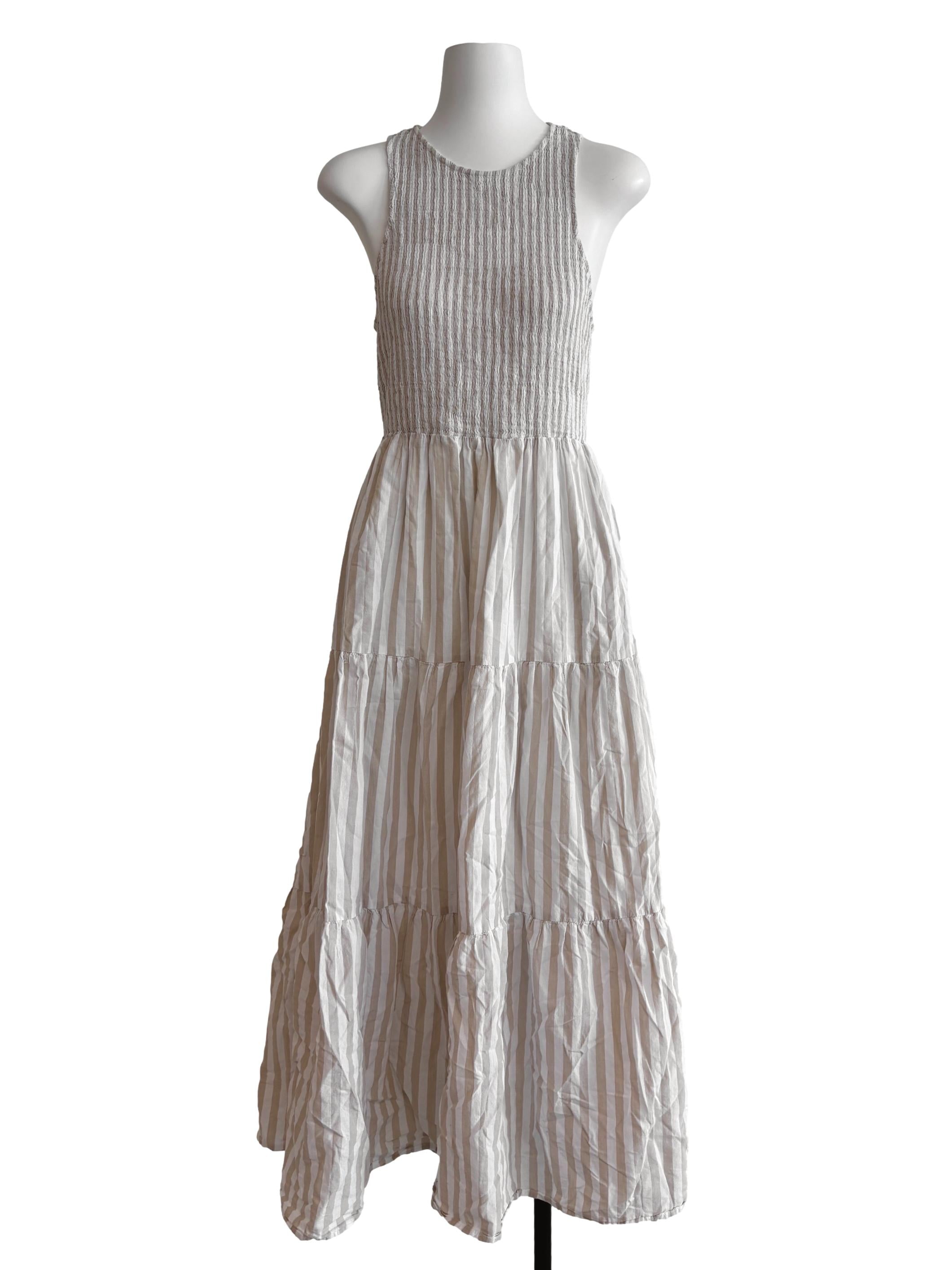 Sand White Smocked Maxi Striped Dress