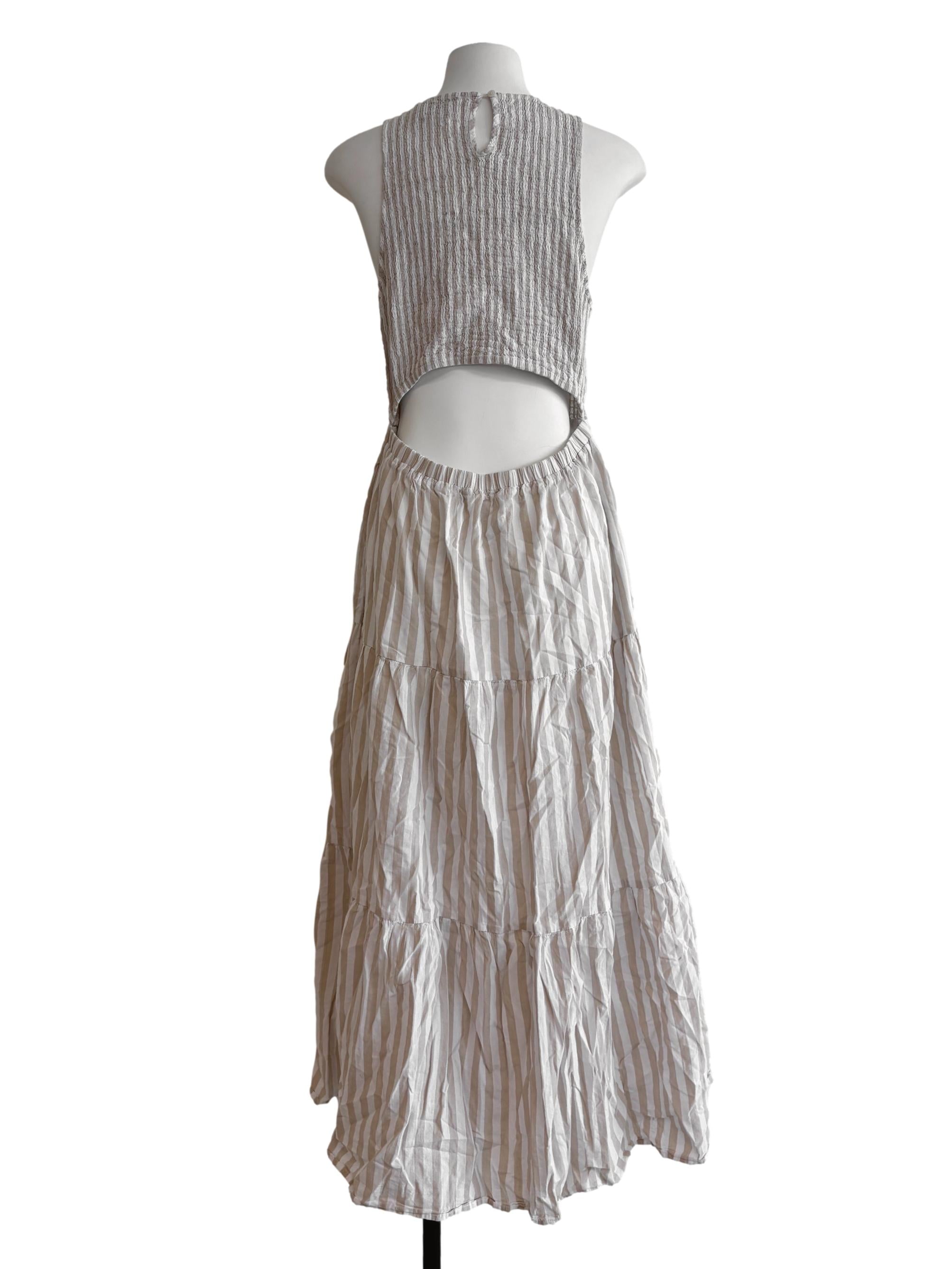Sand White Smocked Maxi Striped Dress