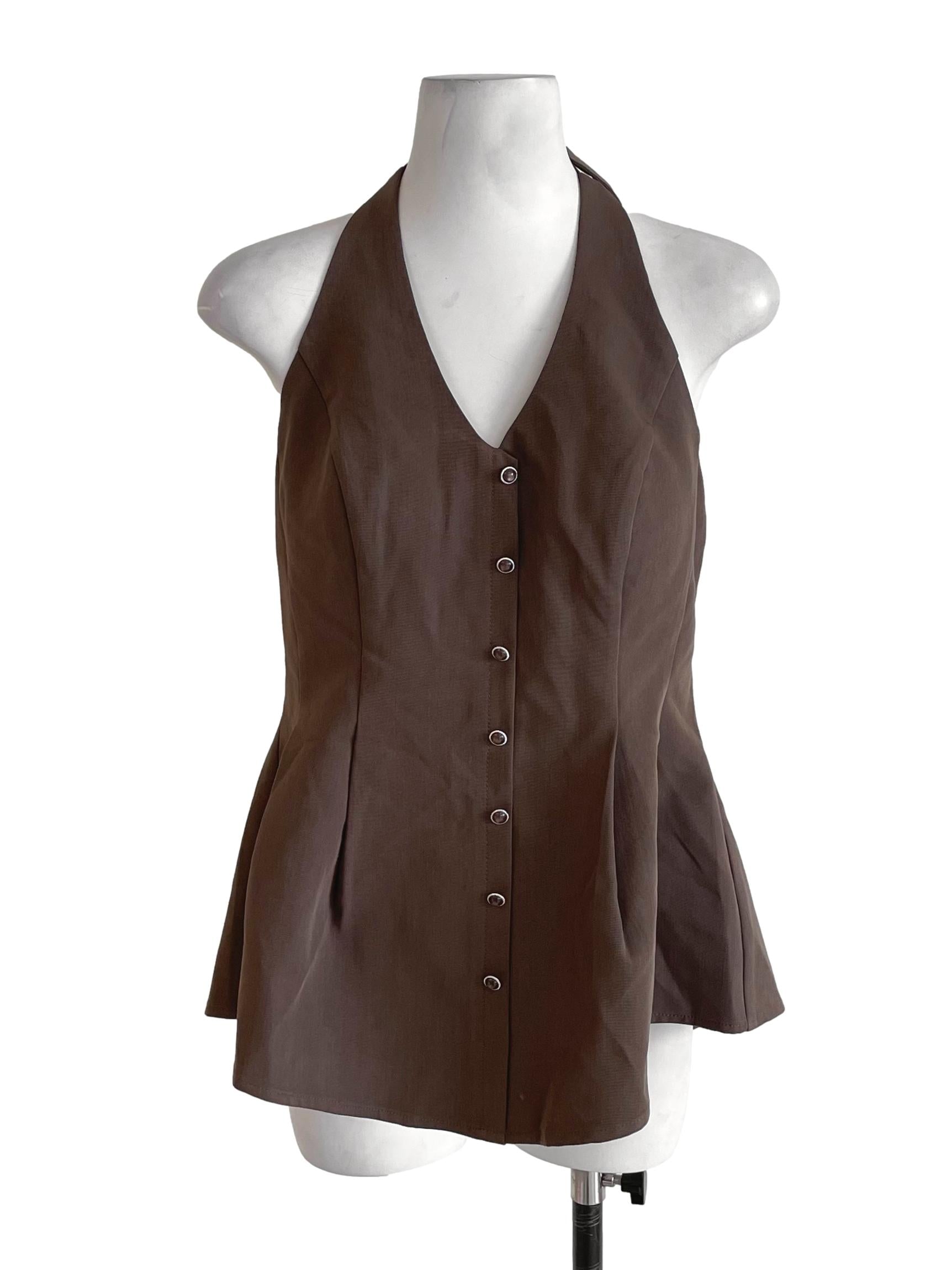 Cedar Brown Halter Tie Neck Button Top