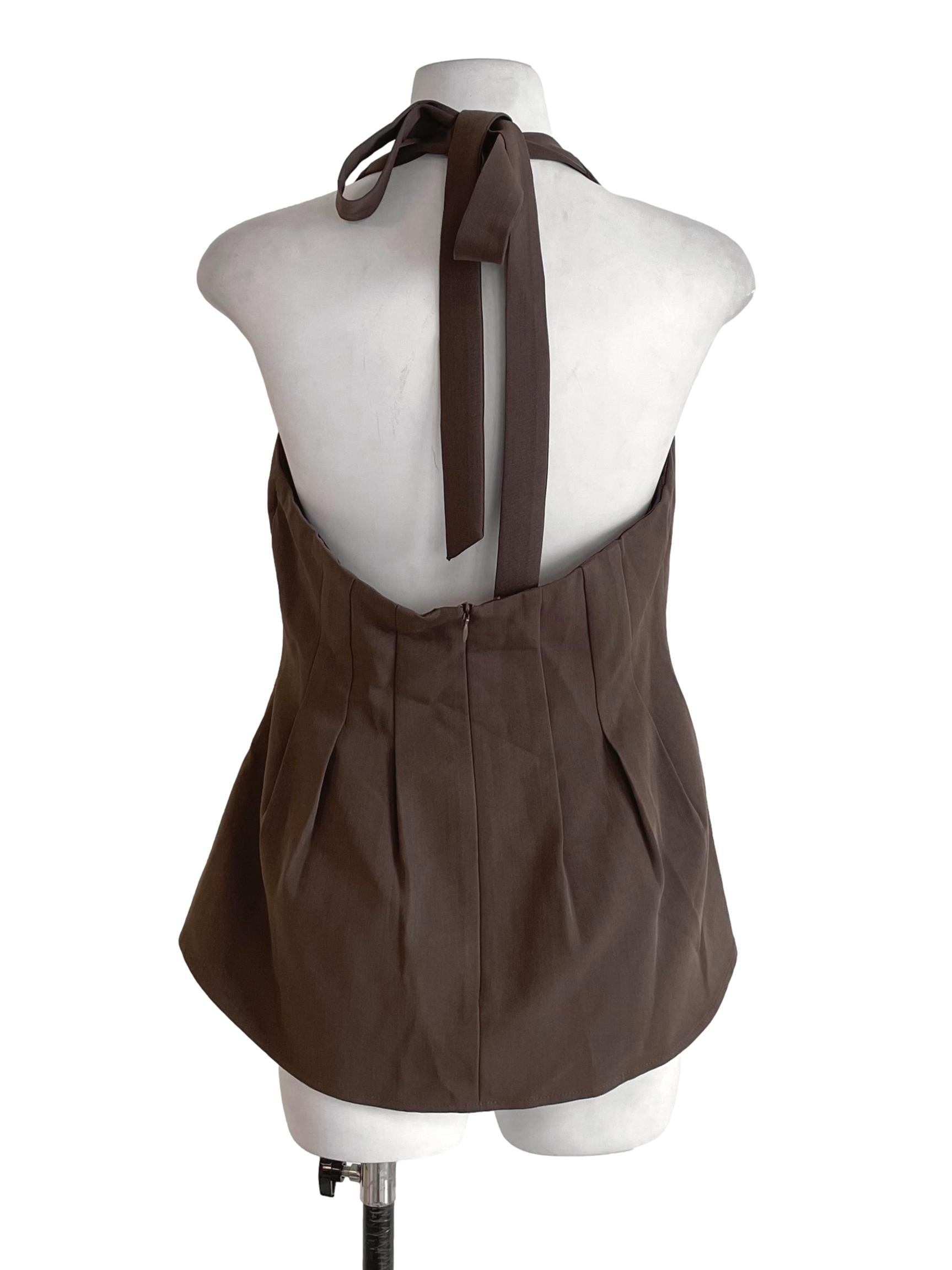 Cedar Brown Halter Tie Neck Button Top