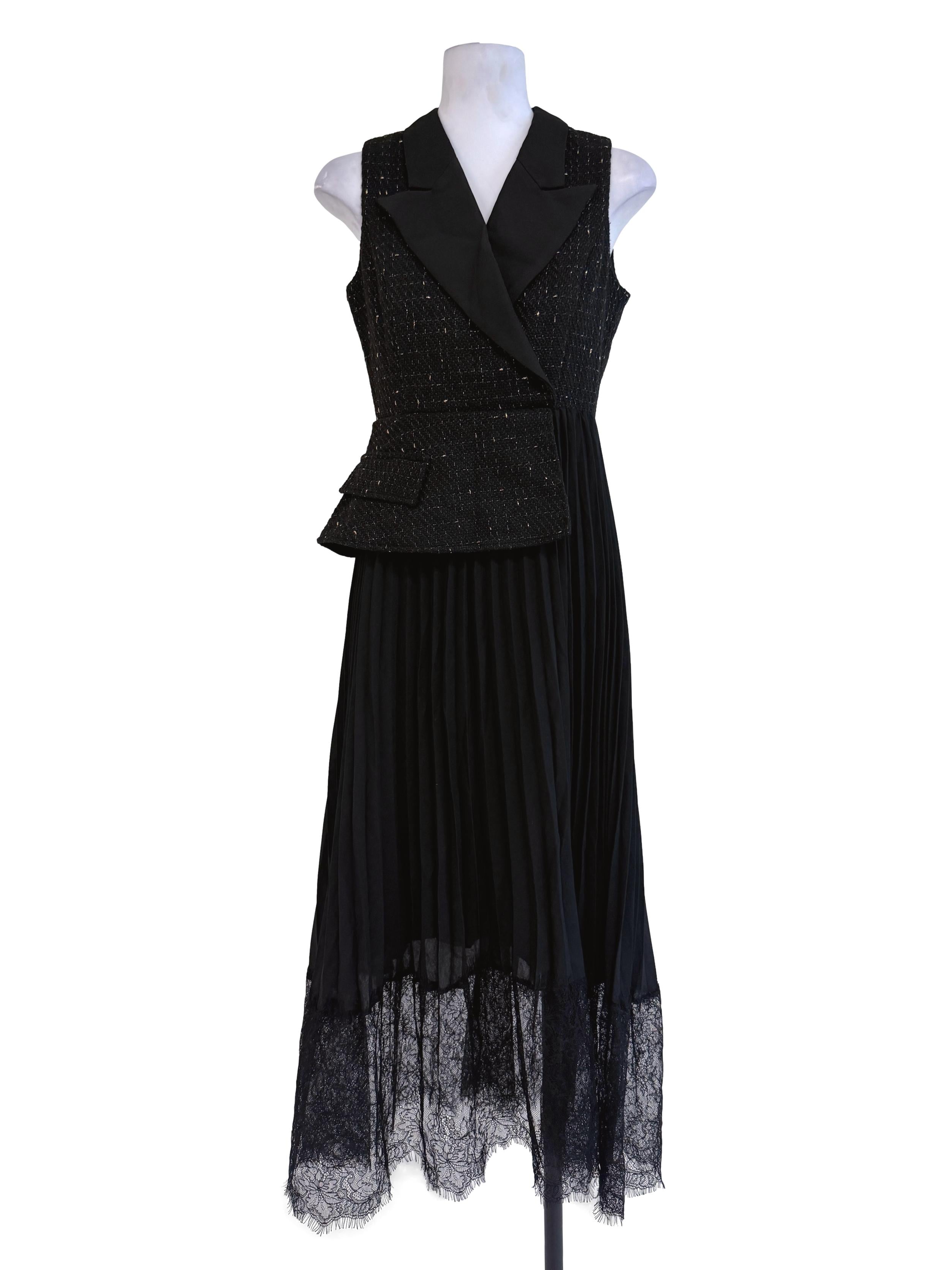 Black Half Knit Pleated Dress