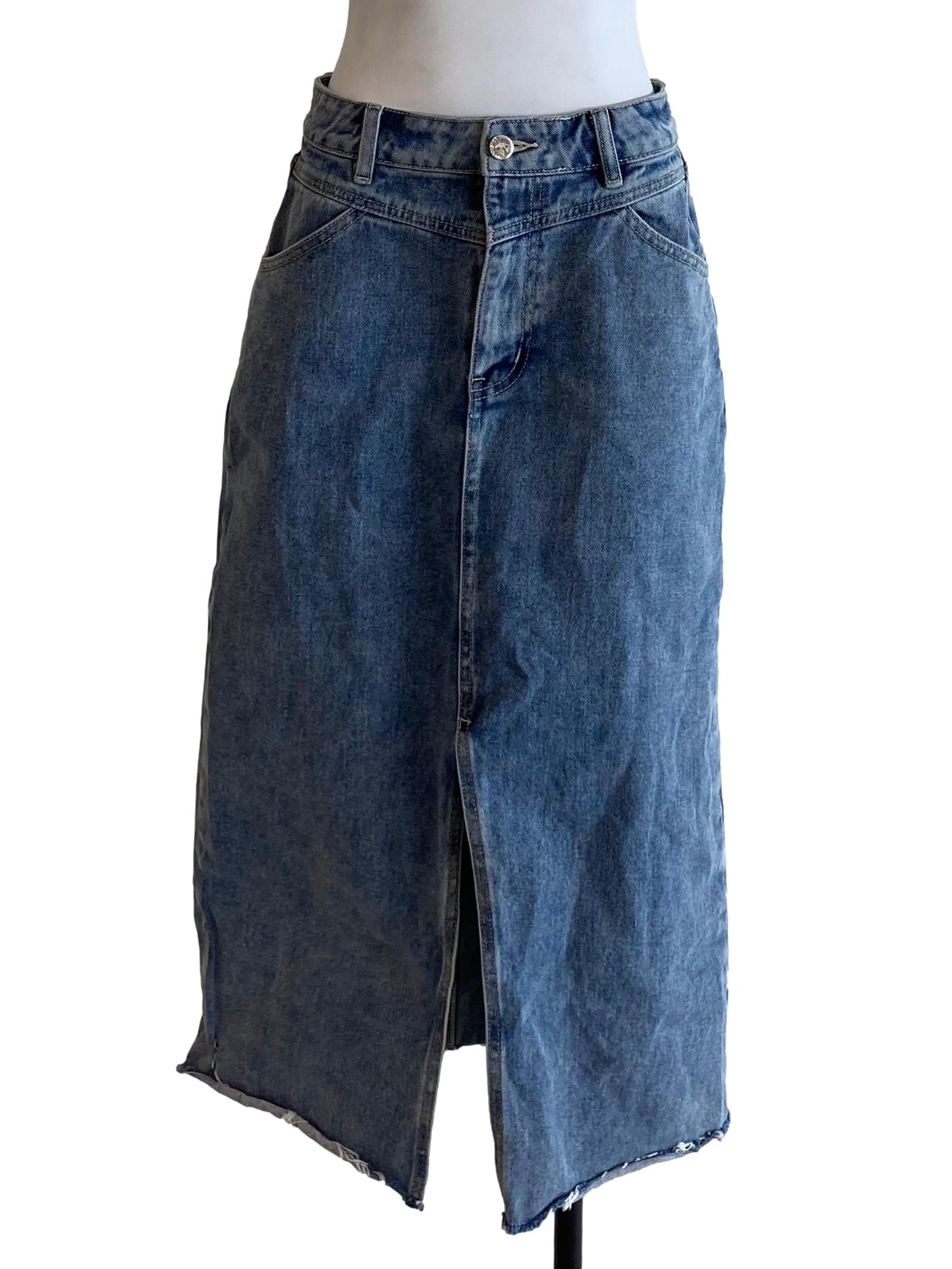 Cool Denim Blue Front Slits Lower Ripped Skirt