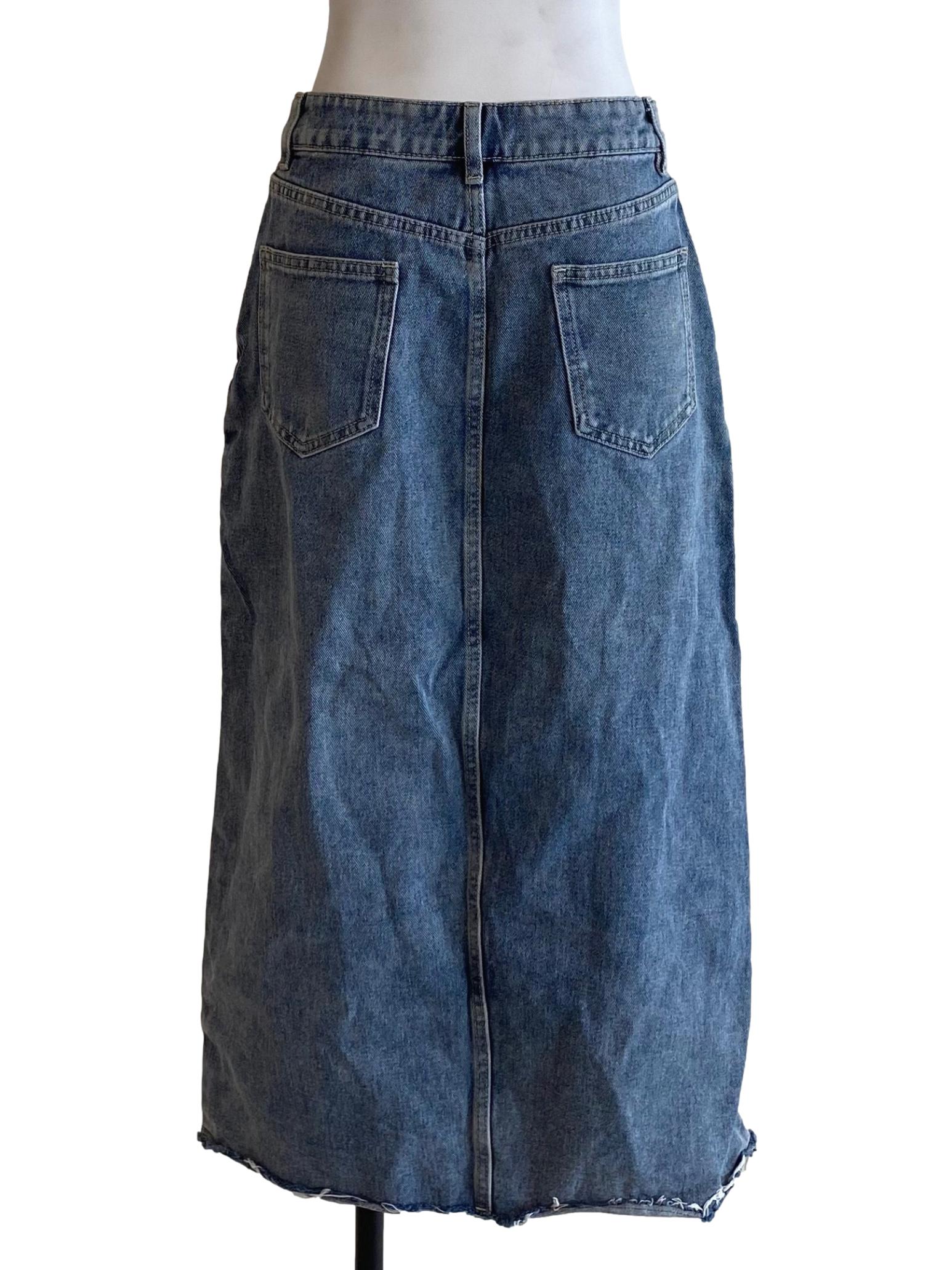 Cool Denim Blue Front Slits Lower Ripped Skirt