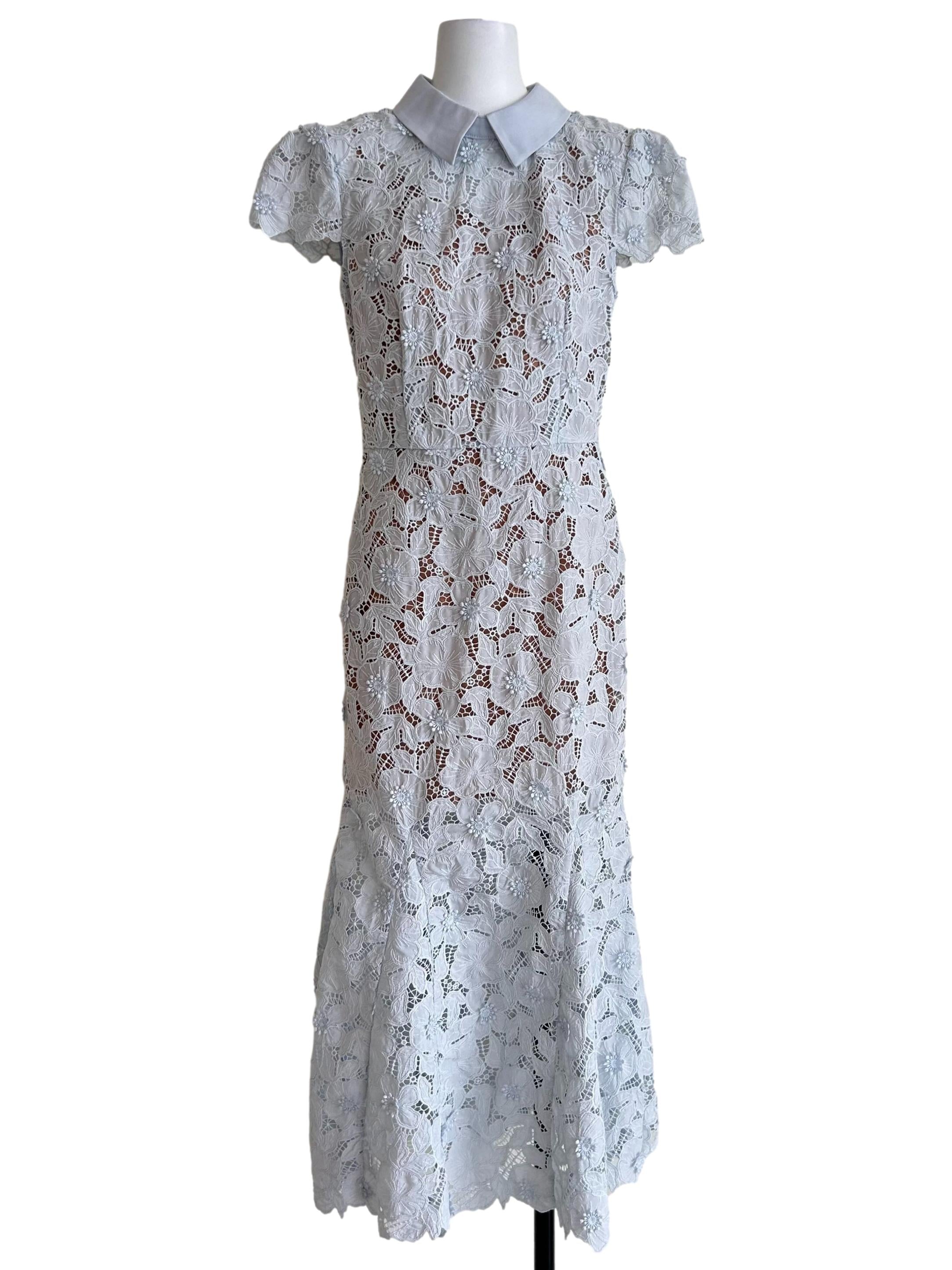 Blue Guipure Lace Midi Dress