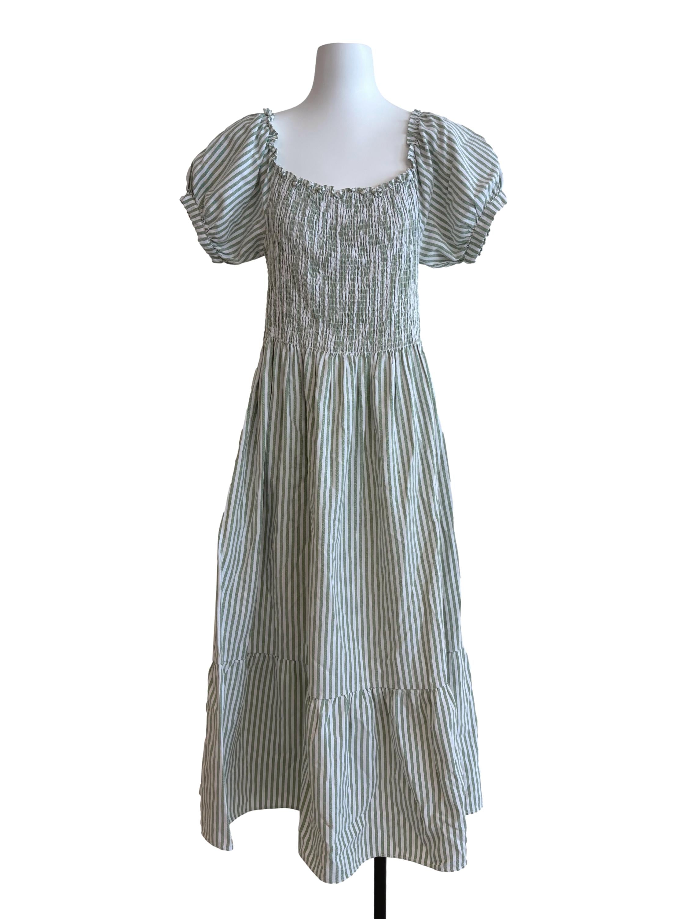 Sage Green Striped Princess Cut Dress