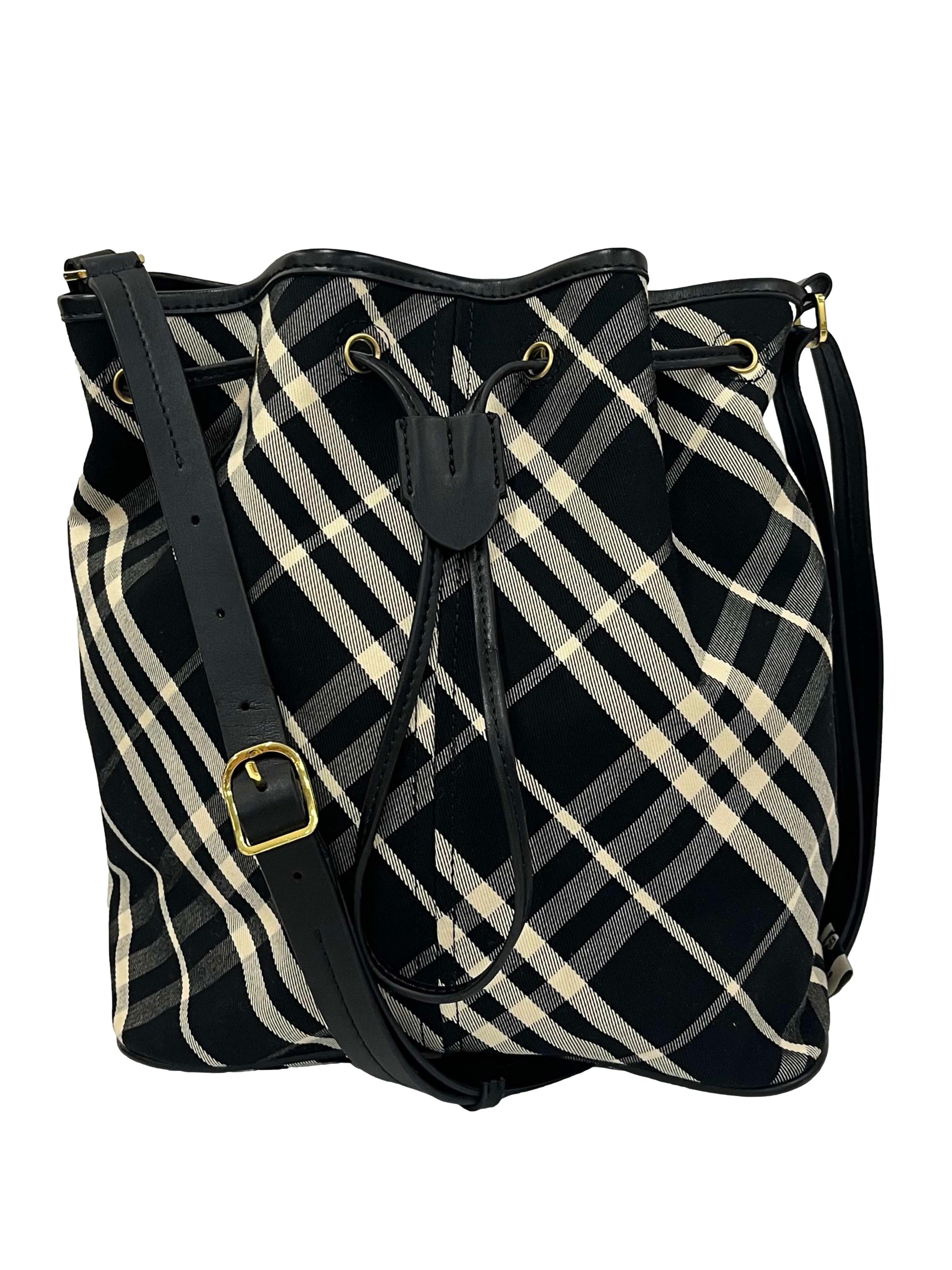 Black And Beige Medium Check Drawstring Bucket Bag CSN