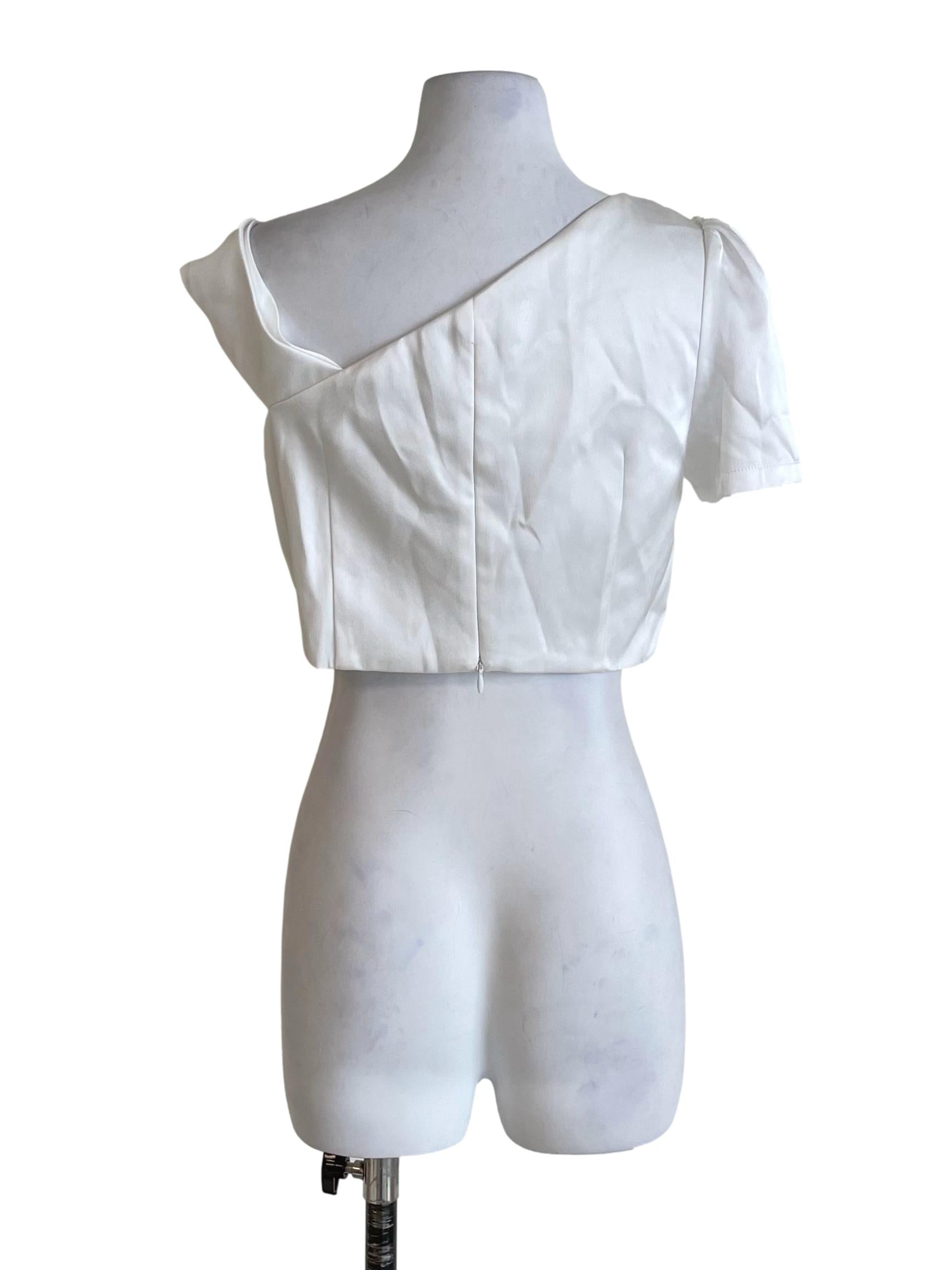 White Slanted Neck Satin Crop Top