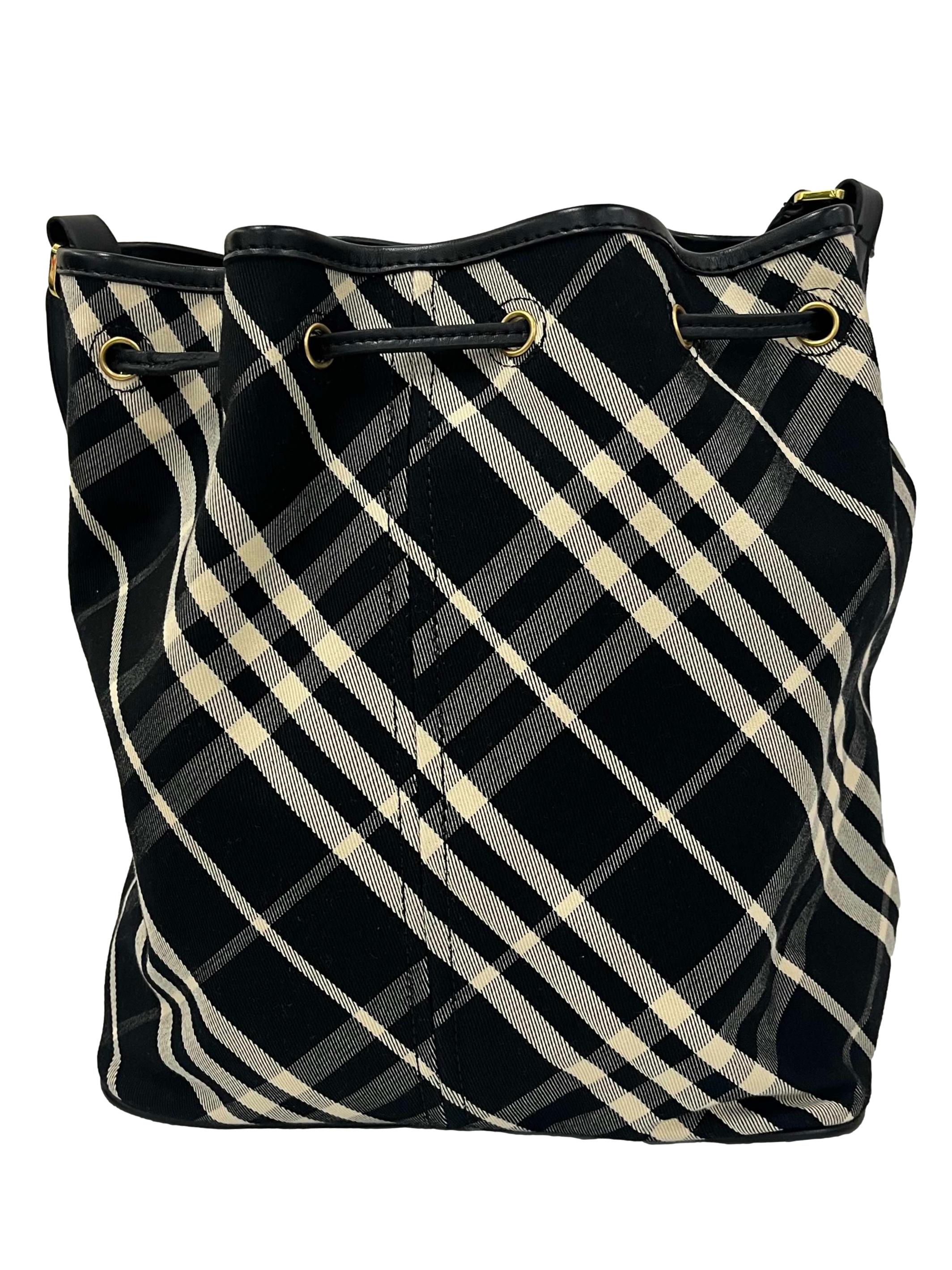Black And Beige Medium Check Drawstring Bucket Bag CSN
