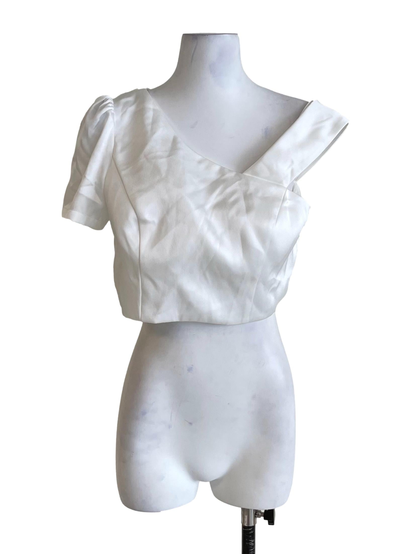 White Slanted Neck Satin Crop Top