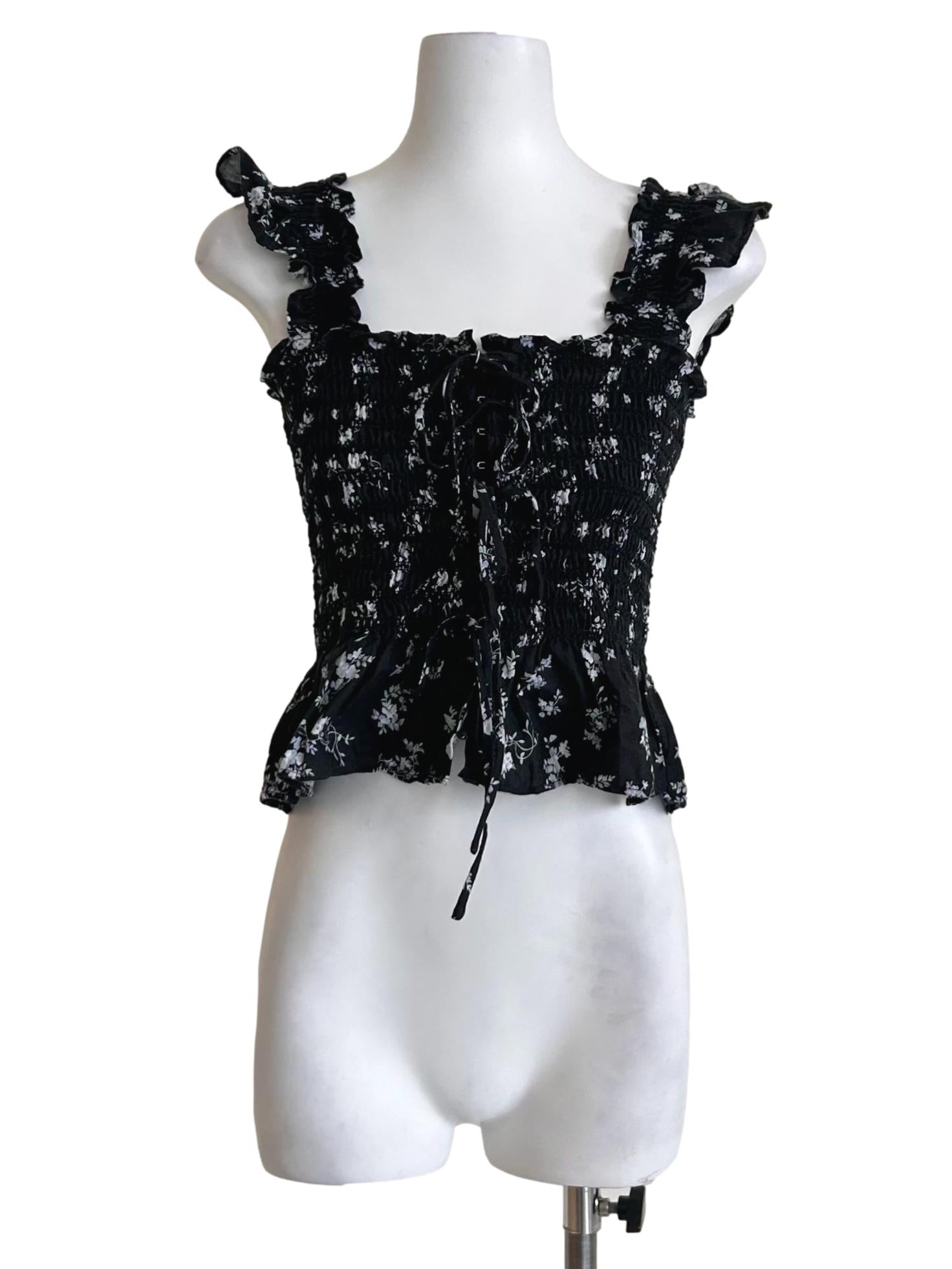 Ruffled Black Floral Smocked Top CM