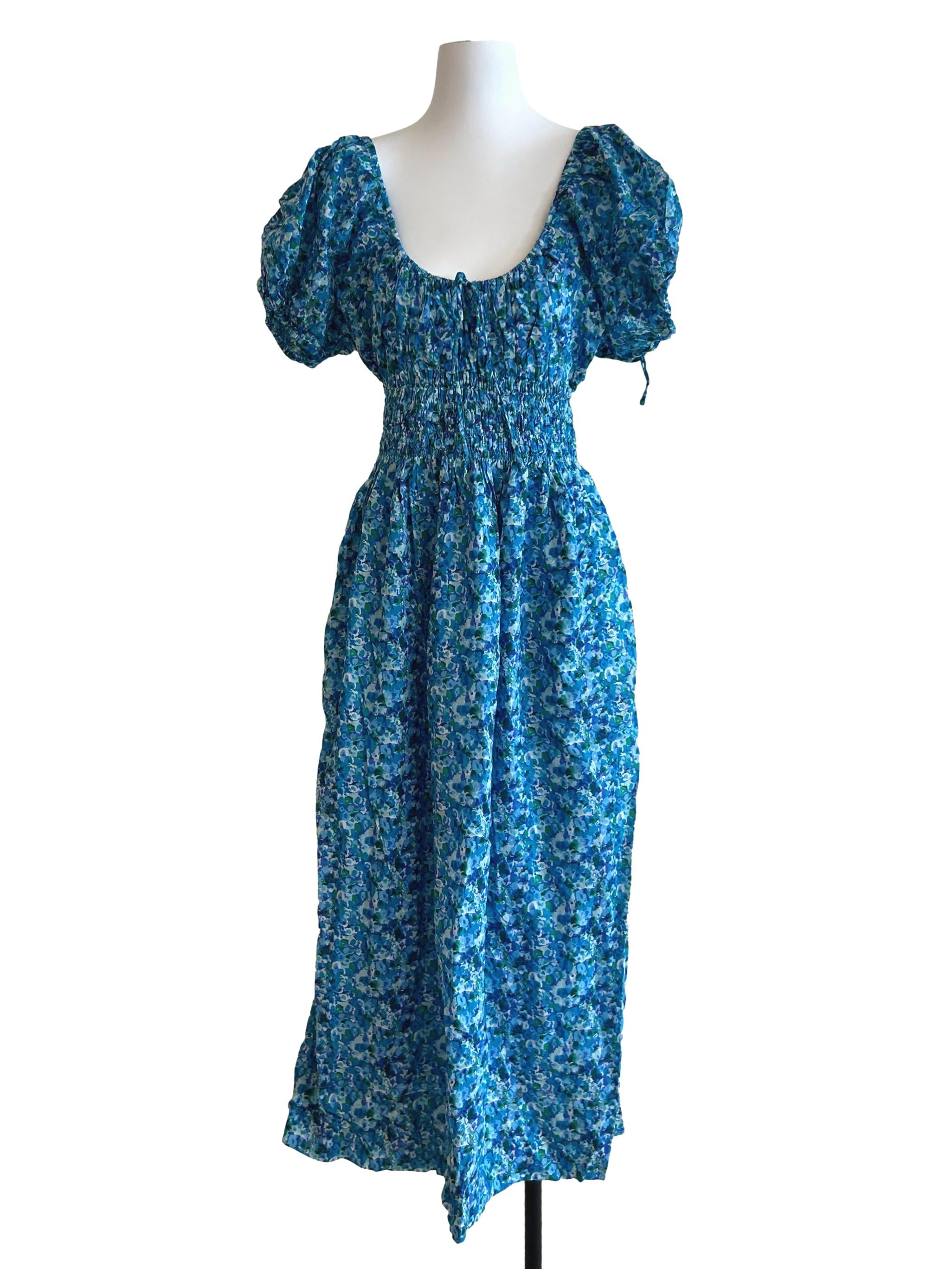 Blue Green Floral Ruched Dress