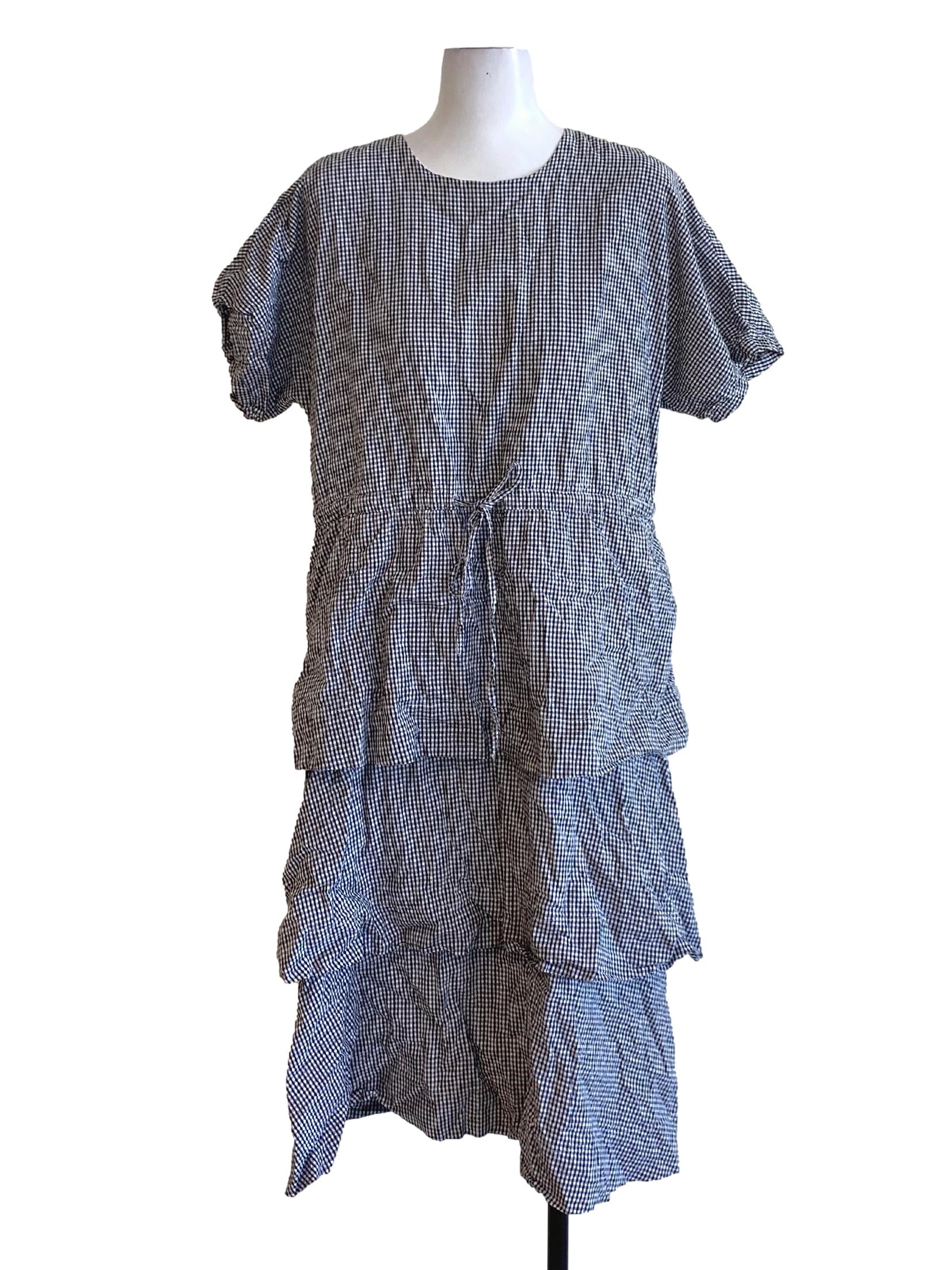 Soft Black Small Plaid Round Neck Tiered Shirt Dress