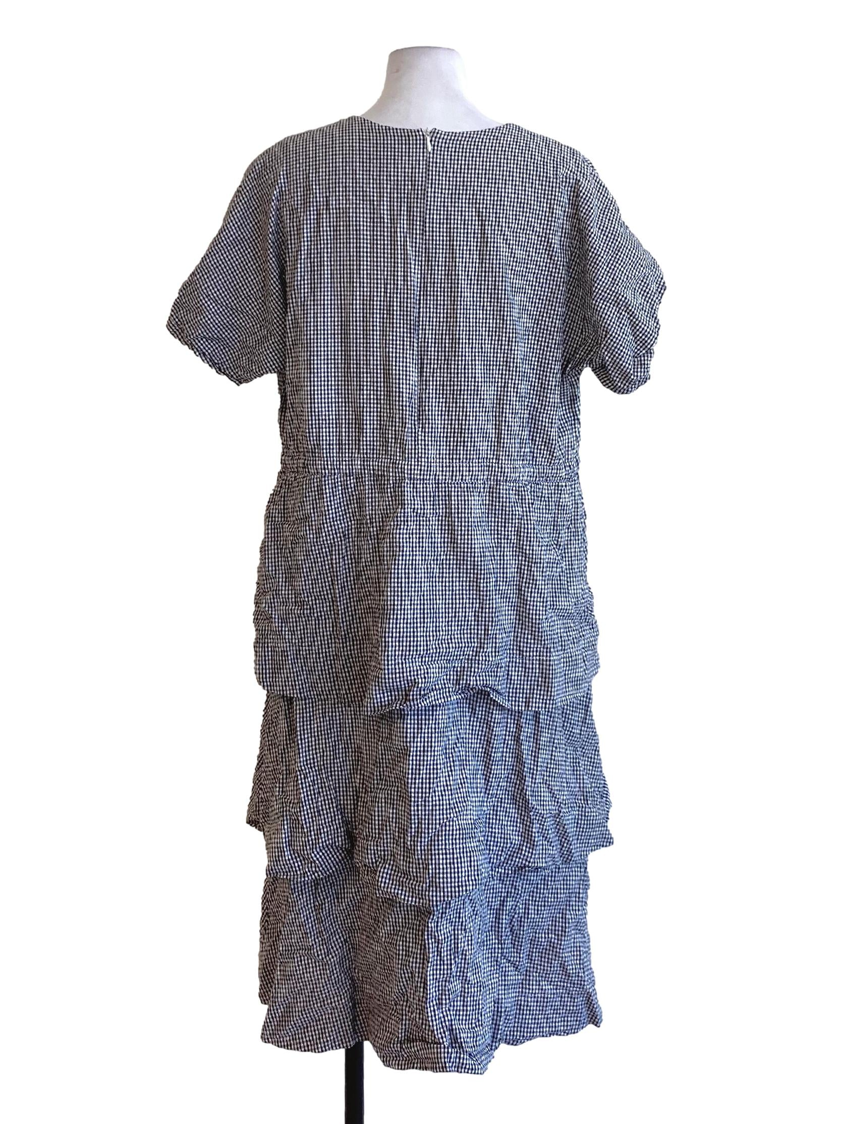 Soft Black Small Plaid Round Neck Tiered Shirt Dress