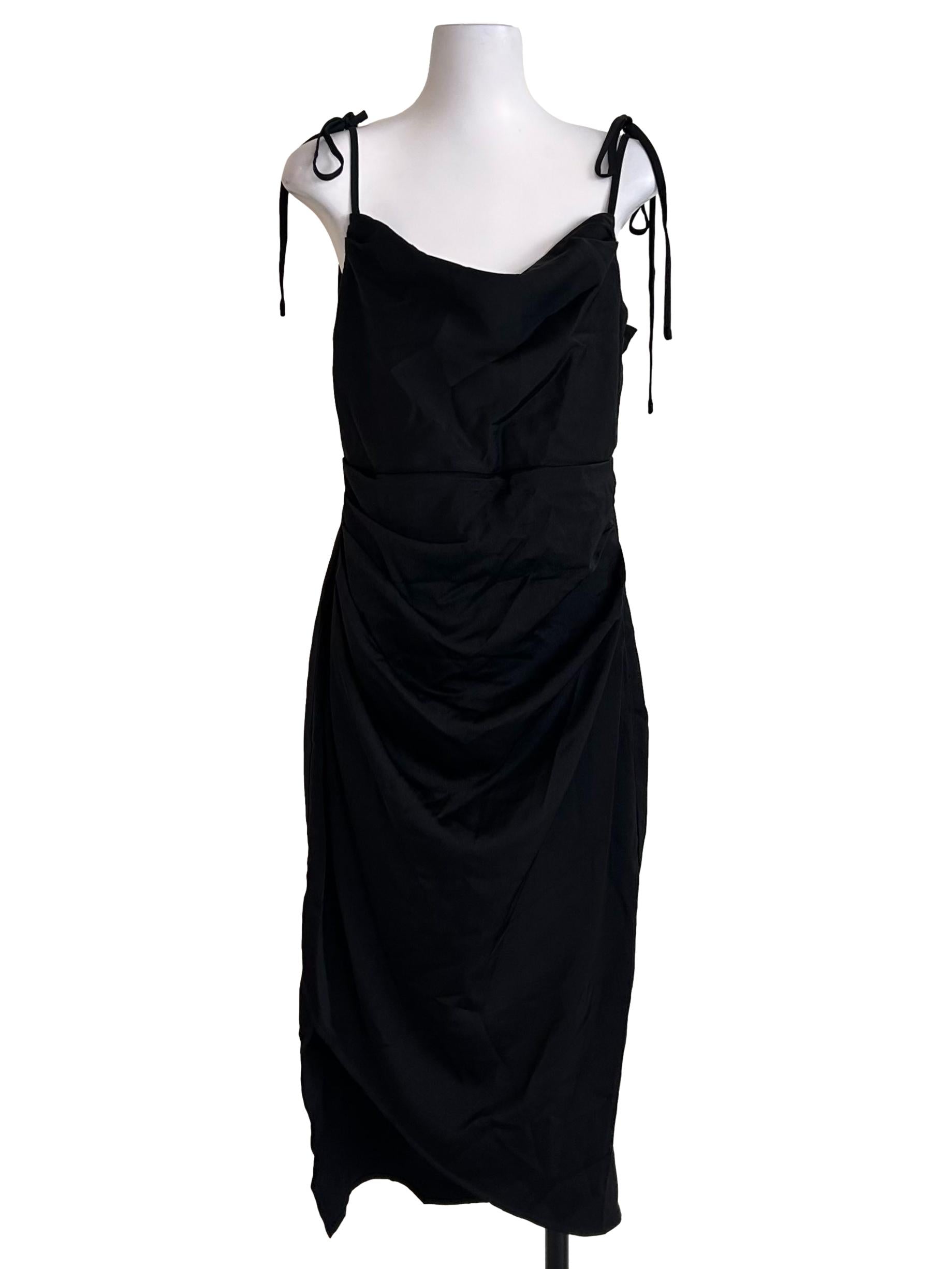 Satin Black Ruched Slip Dress