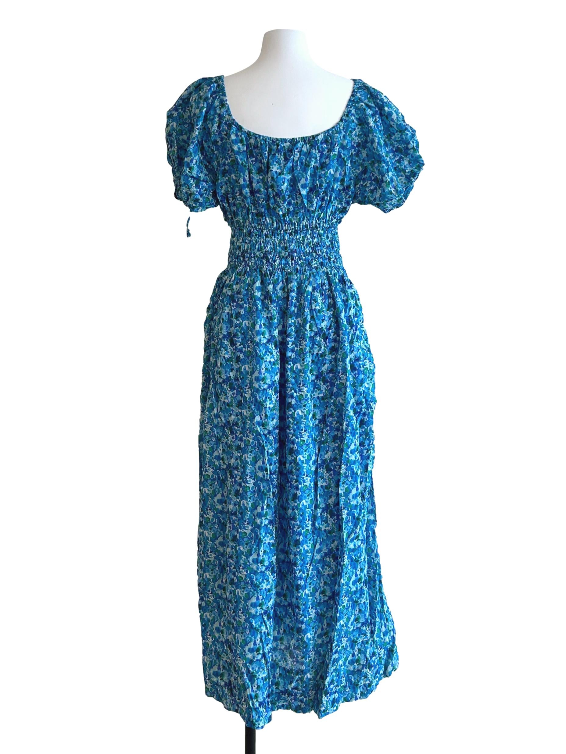 Blue Green Floral Ruched Dress
