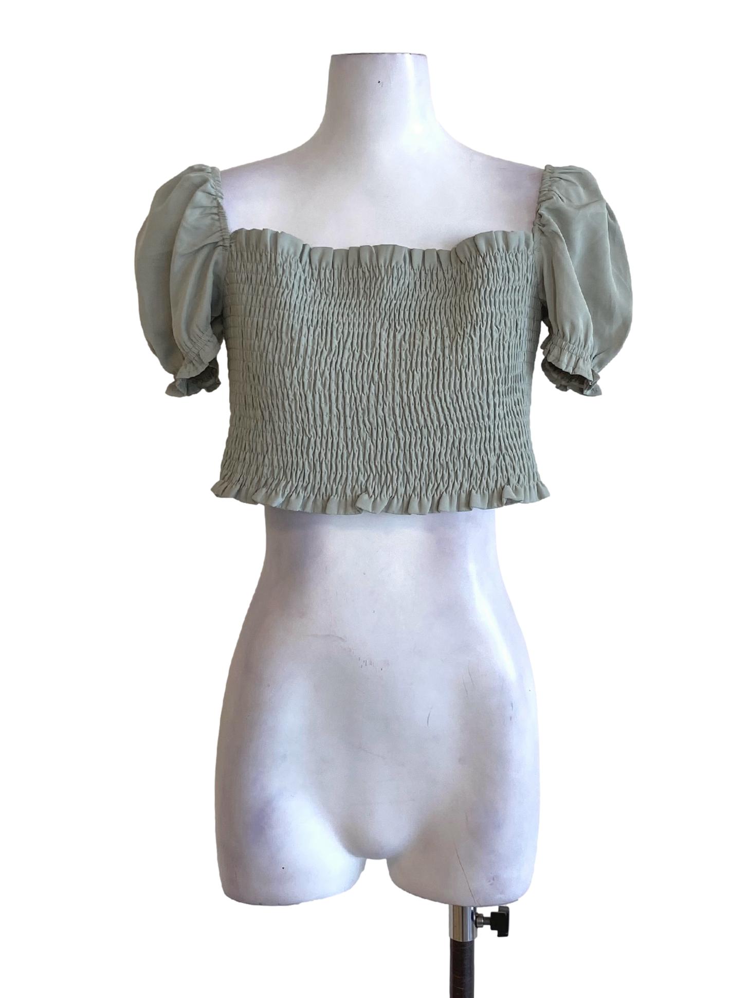 Sage Green Square Neck Peasant Cropped Top YHF