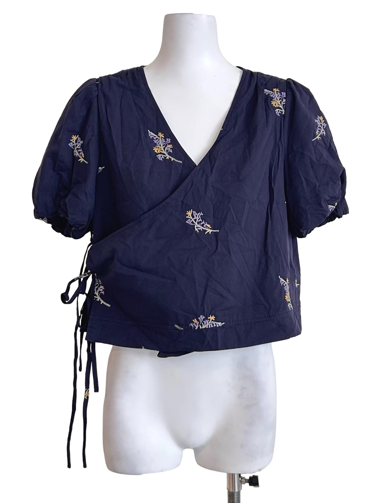 Embroidered Navy Wrap Blouse Shirt
