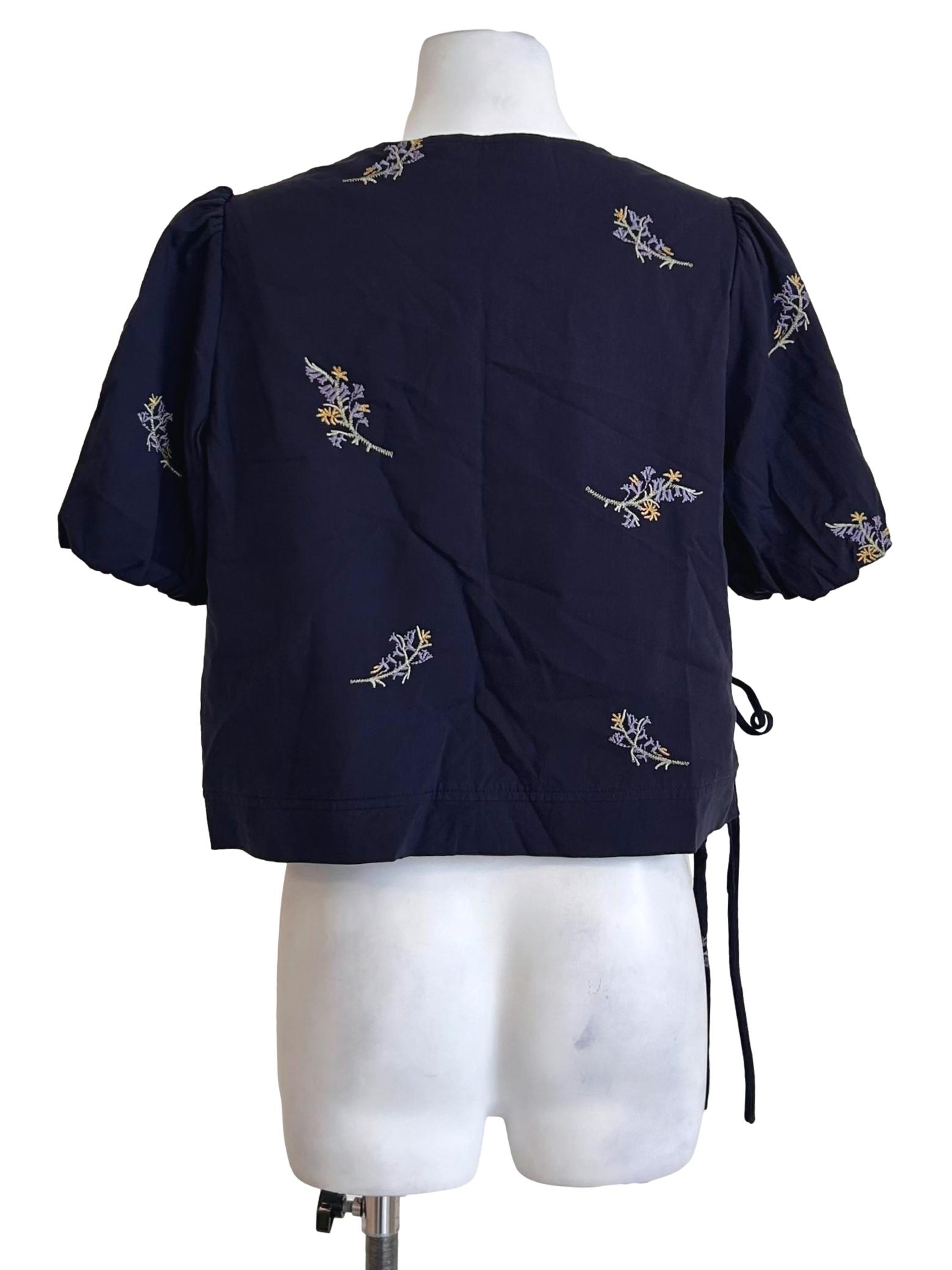 Embroidered Navy Wrap Blouse Shirt